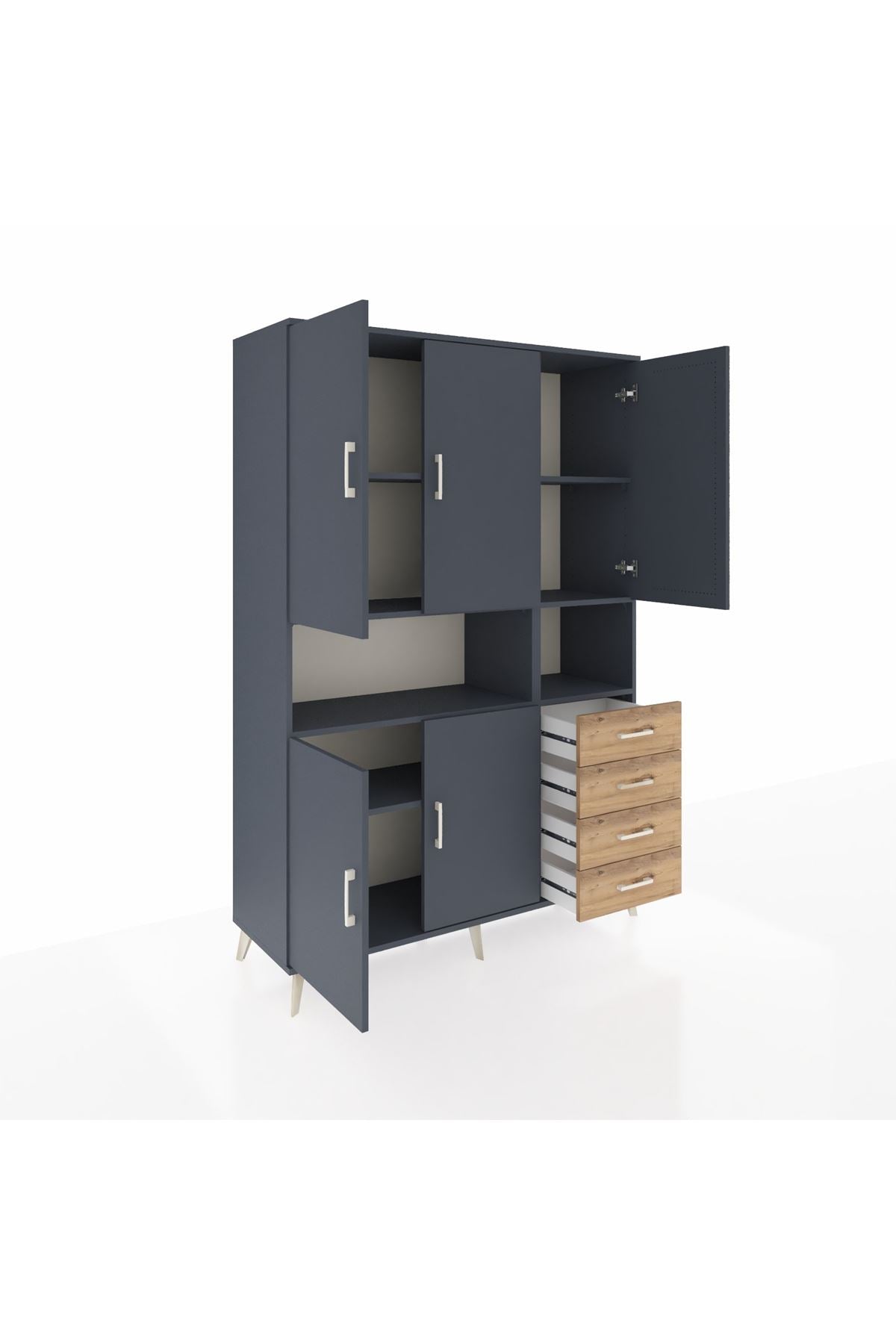 Hyperion Dolap 7 Raflı 4 Çekmeceli 5 Kapaklı 132x44x195 Antrasit-Antrasit/Çam