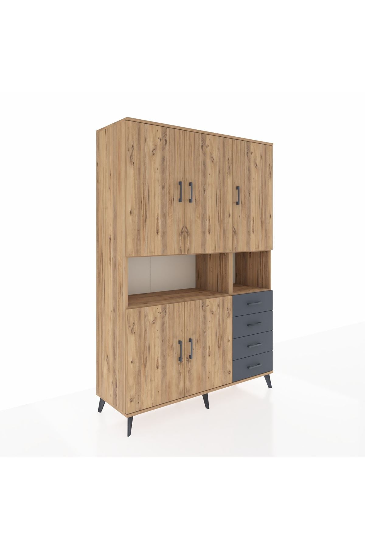 Hyperion Dolap 7 Raflı 4 Çekmeceli 5 Kapaklı 132x44x195 Çam-Çam/Antrasit