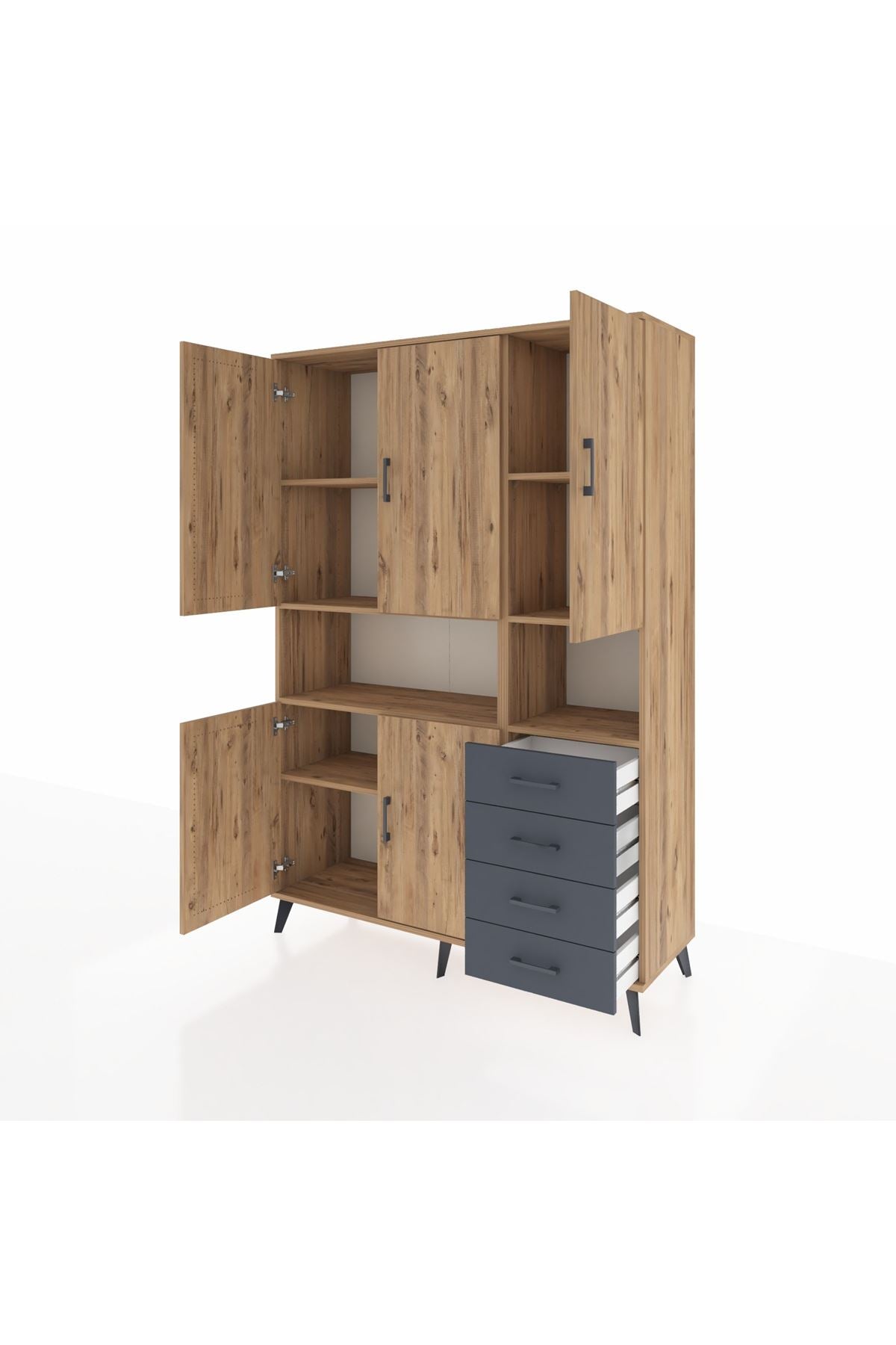 Hyperion Dolap 7 Raflı 4 Çekmeceli 5 Kapaklı 132x44x195 Çam-Çam/Antrasit