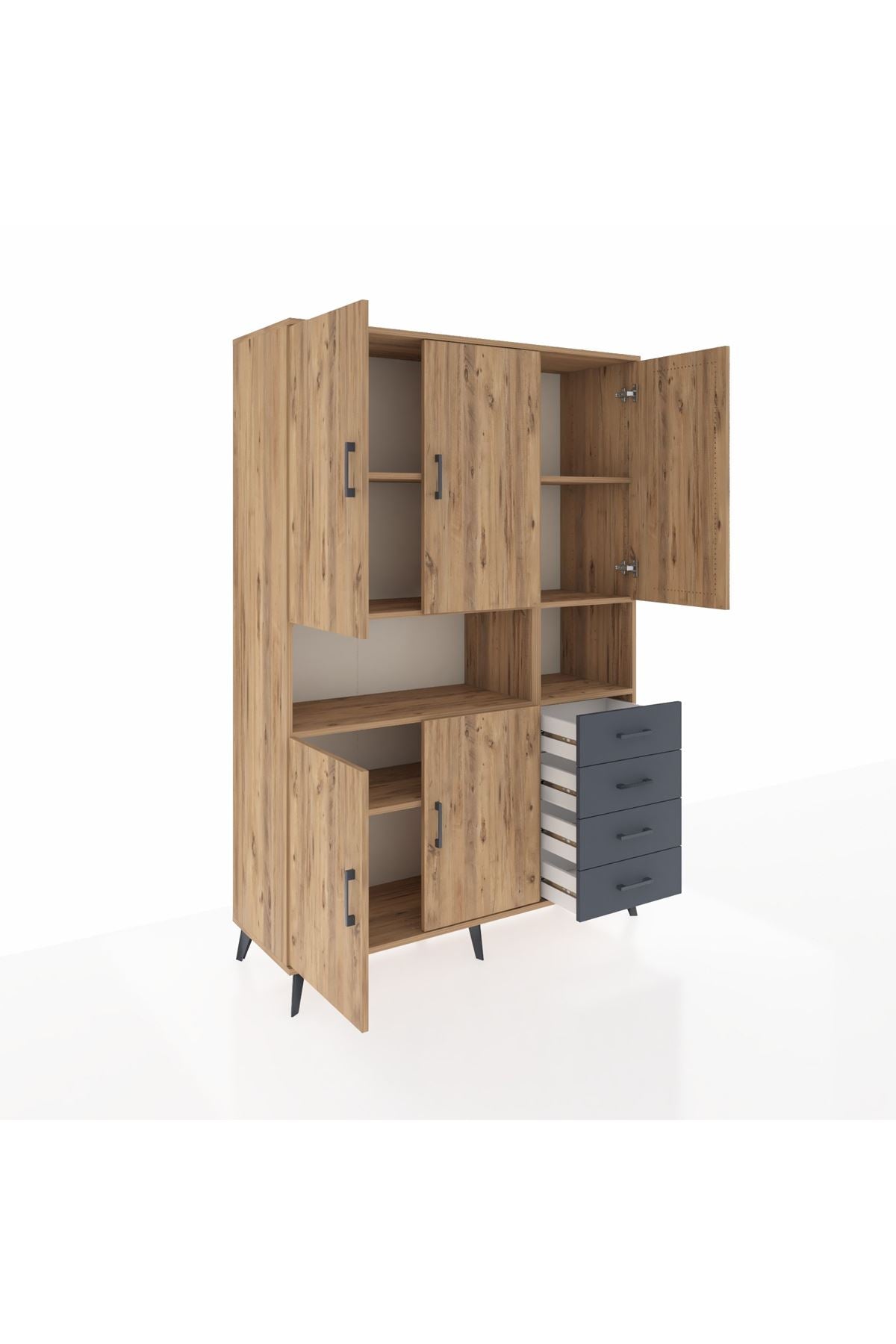 Hyperion Dolap 7 Raflı 4 Çekmeceli 5 Kapaklı 132x44x195 Çam-Çam/Antrasit