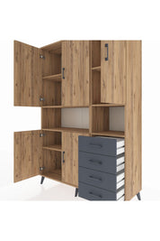Hyperion Dolap 7 Raflı 4 Çekmeceli 5 Kapaklı 132x44x195 Çam-Çam/Antrasit