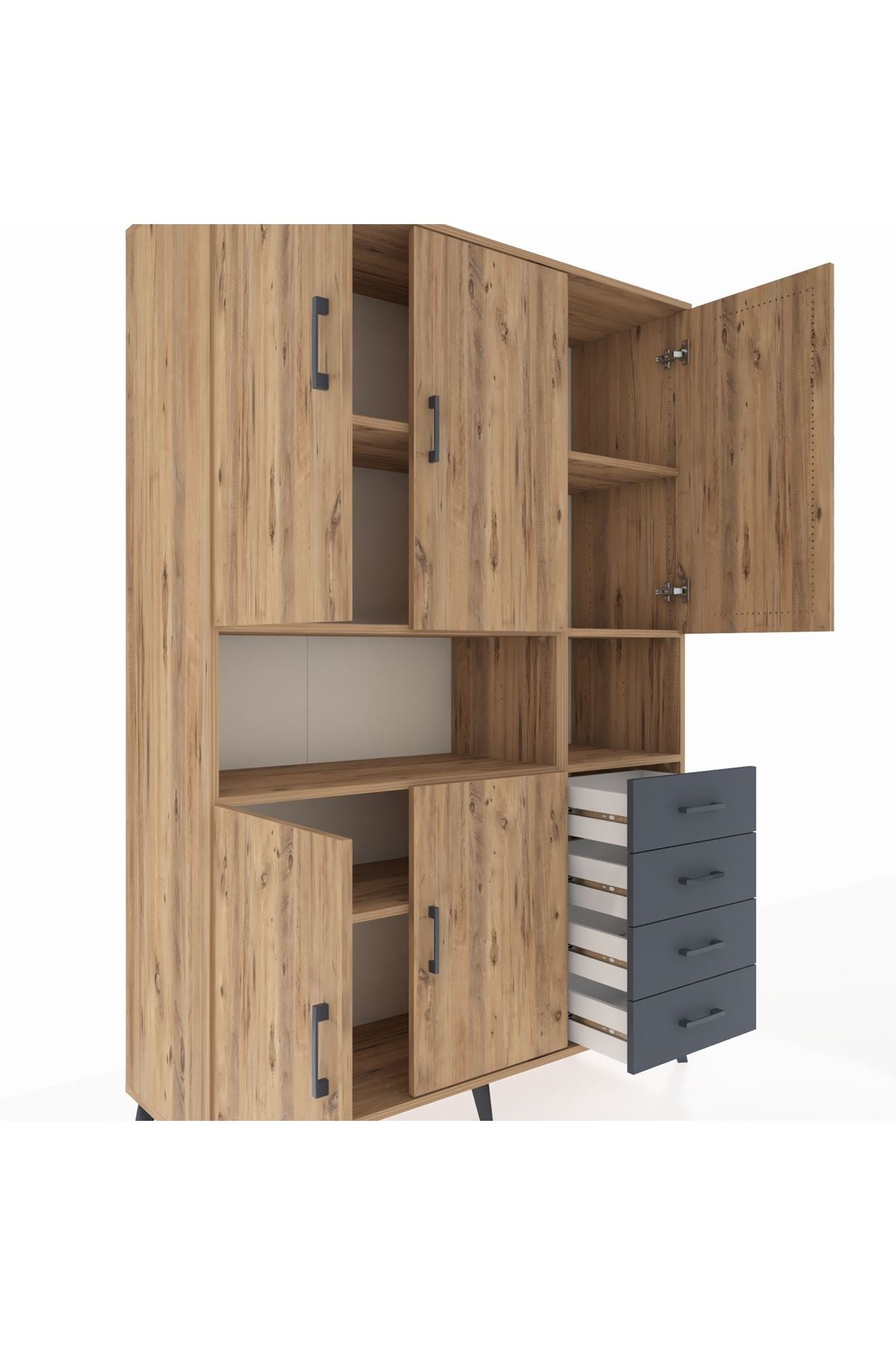 Hyperion Dolap 7 Raflı 4 Çekmeceli 5 Kapaklı 132x44x195 Çam-Çam/Antrasit