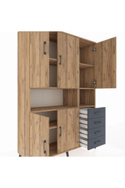Hyperion Dolap 7 Raflı 4 Çekmeceli 5 Kapaklı 132x44x195 Çam-Çam/Antrasit