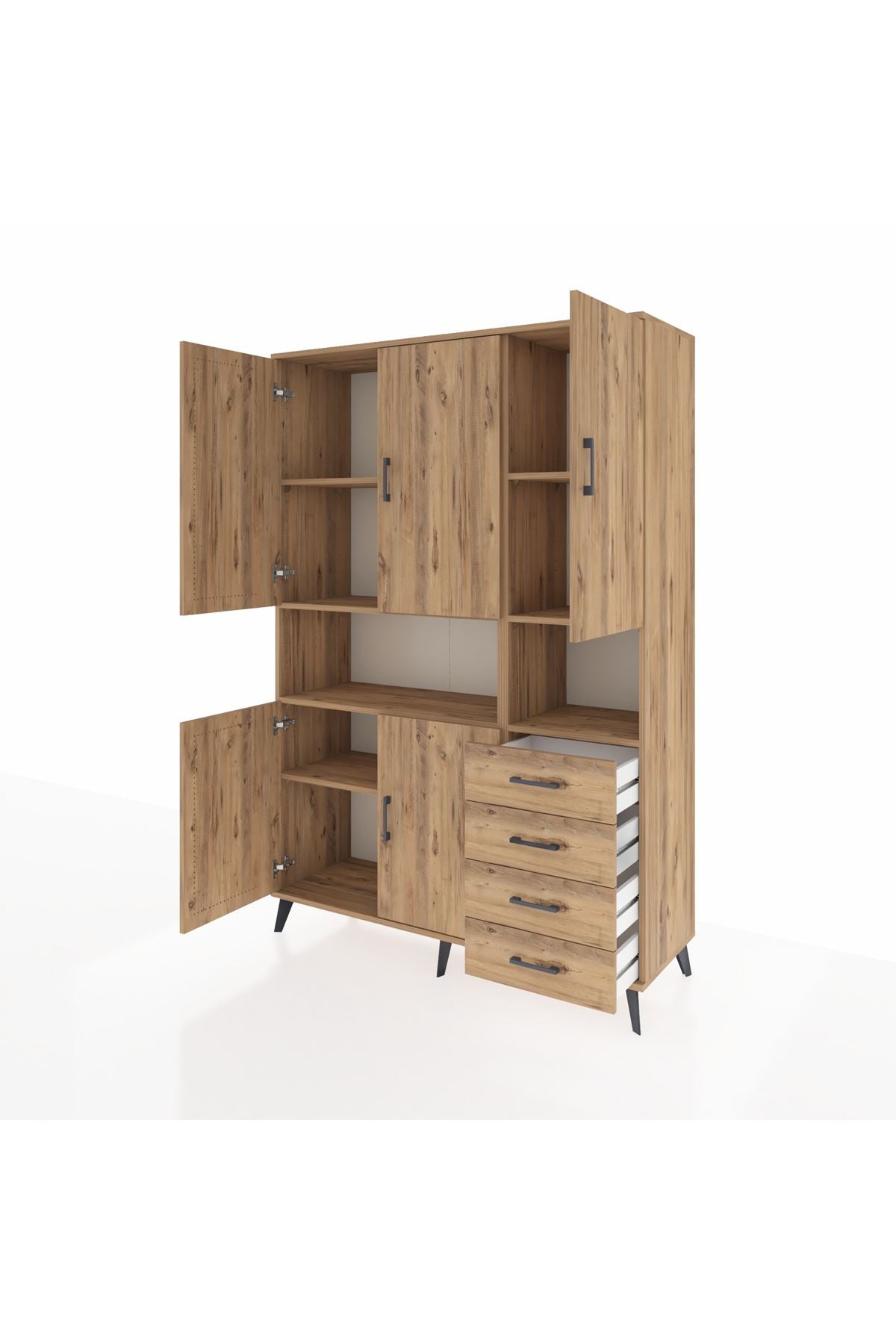 Hyperion Dolap 7 Raflı 4 Çekmeceli 5 Kapaklı 132x44x195 Çam-Çam/Çam