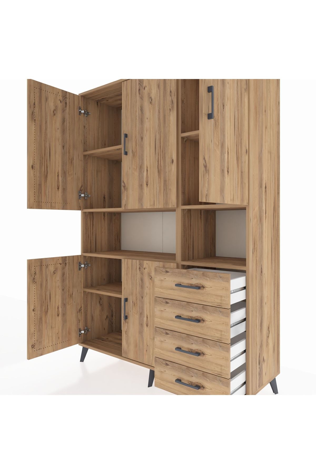 Hyperion Dolap 7 Raflı 4 Çekmeceli 5 Kapaklı 132x44x195 Çam-Çam/Çam