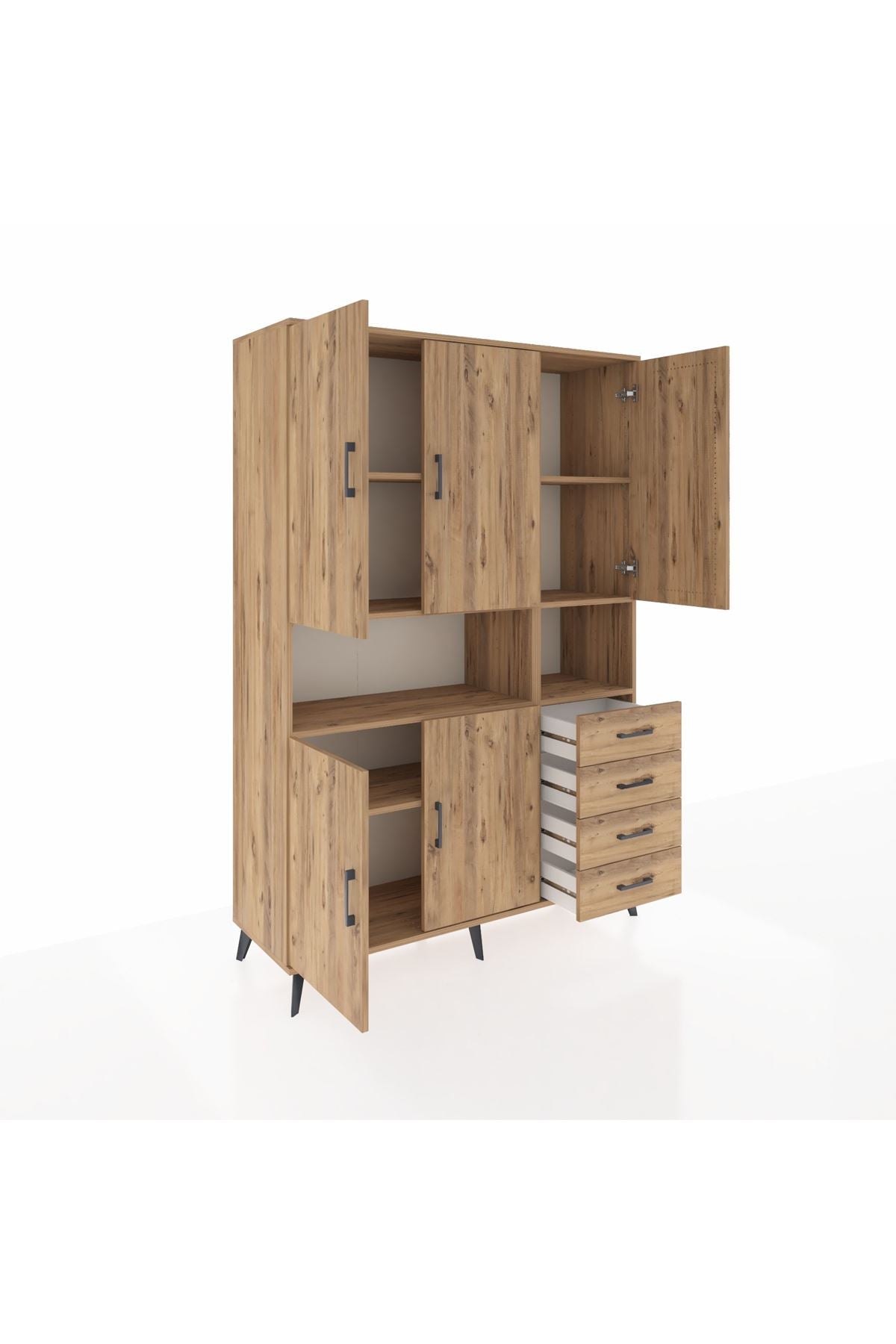 Hyperion Dolap 7 Raflı 4 Çekmeceli 5 Kapaklı 132x44x195 Çam-Çam/Çam