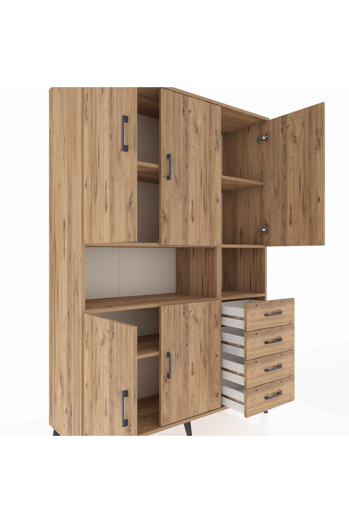 Hyperion Dolap 7 Raflı 4 Çekmeceli 5 Kapaklı 132x44x195 Çam-Çam/Çam