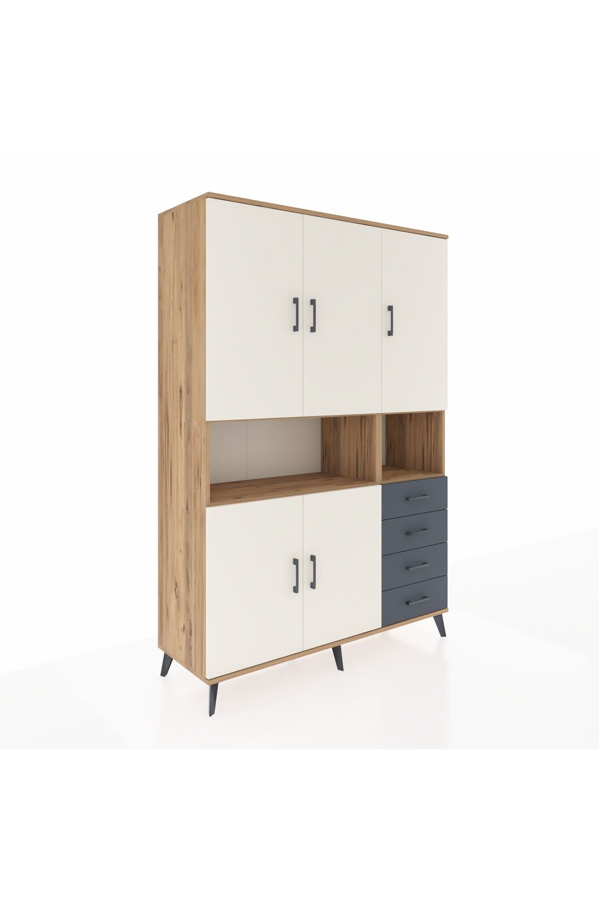 Hyperion Dolap 7 Raflı 4 Çekmeceli 5 Kapaklı 132x44x195 Çam-Aytaşı/Antrasit