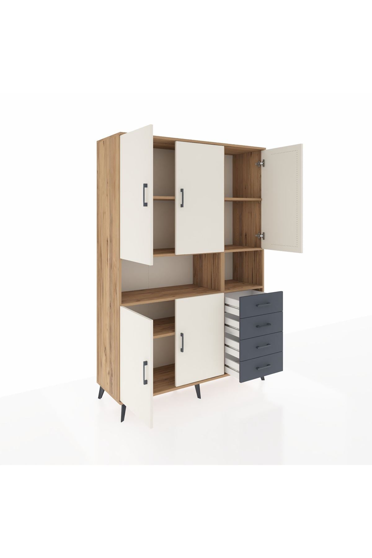 Hyperion Dolap 7 Raflı 4 Çekmeceli 5 Kapaklı 132x44x195 Çam-Aytaşı/Antrasit