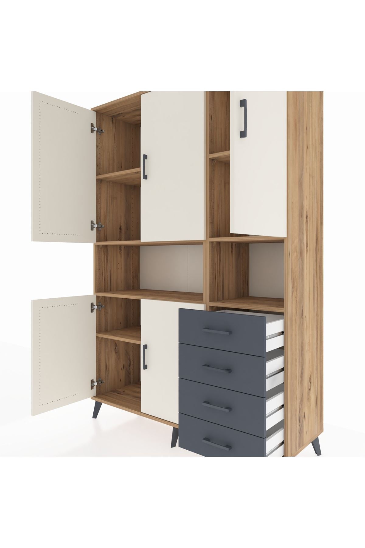 Hyperion Dolap 7 Raflı 4 Çekmeceli 5 Kapaklı 132x44x195 Çam-Aytaşı/Antrasit