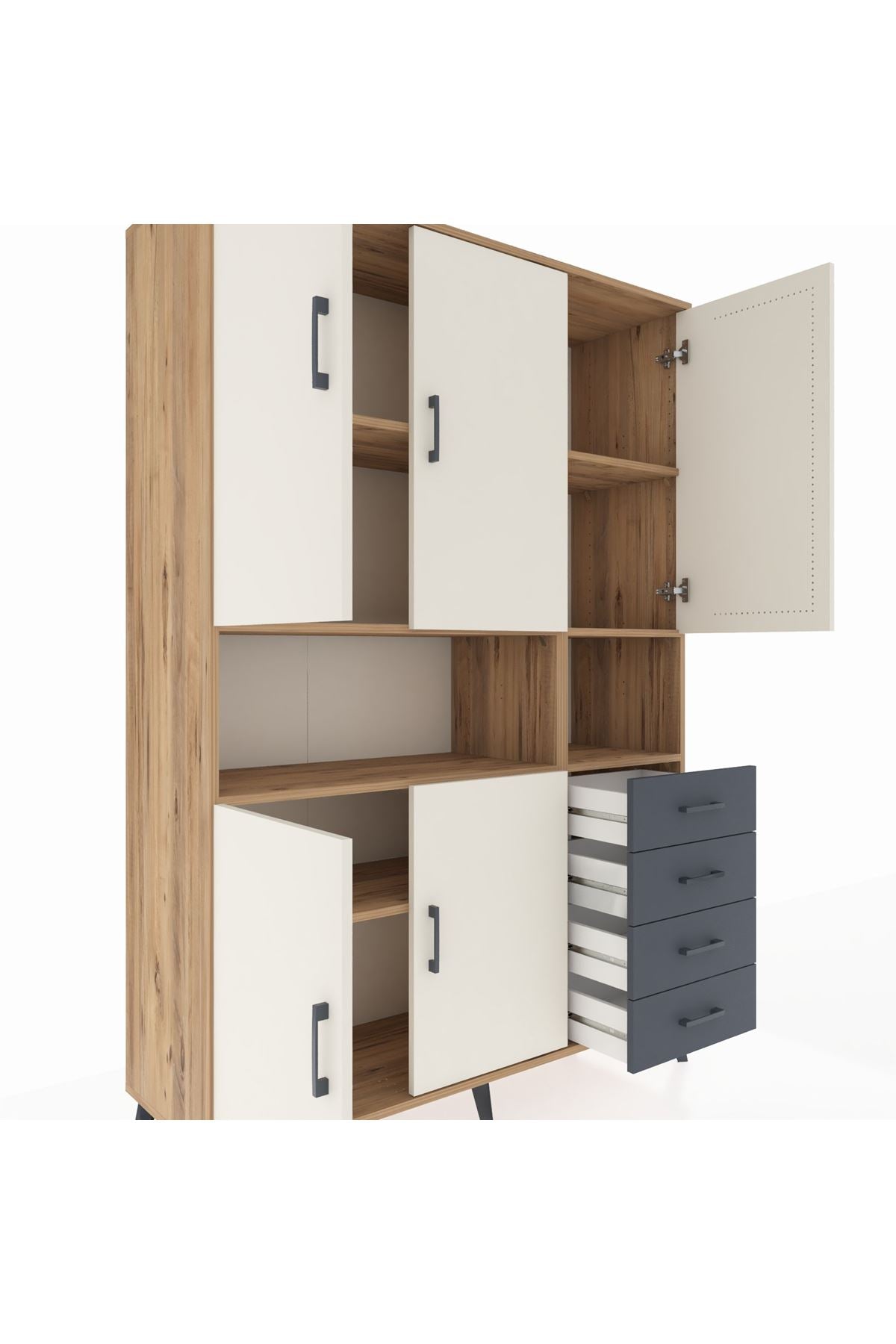Hyperion Dolap 7 Raflı 4 Çekmeceli 5 Kapaklı 132x44x195 Çam-Aytaşı/Antrasit