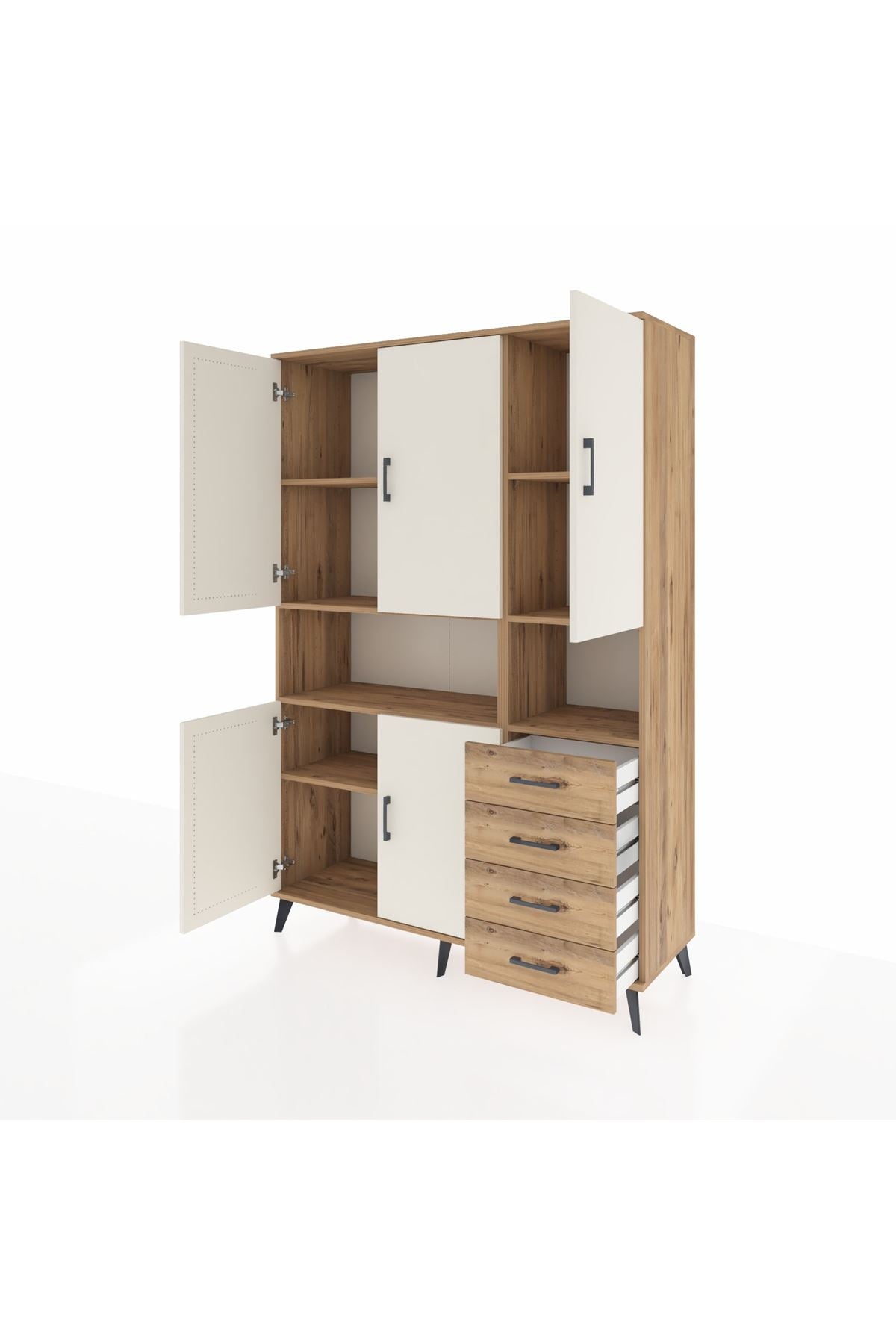 Hyperion Dolap 7 Raflı 4 Çekmeceli 5 Kapaklı 132x44x195 Çam-Aytaşı/Çam