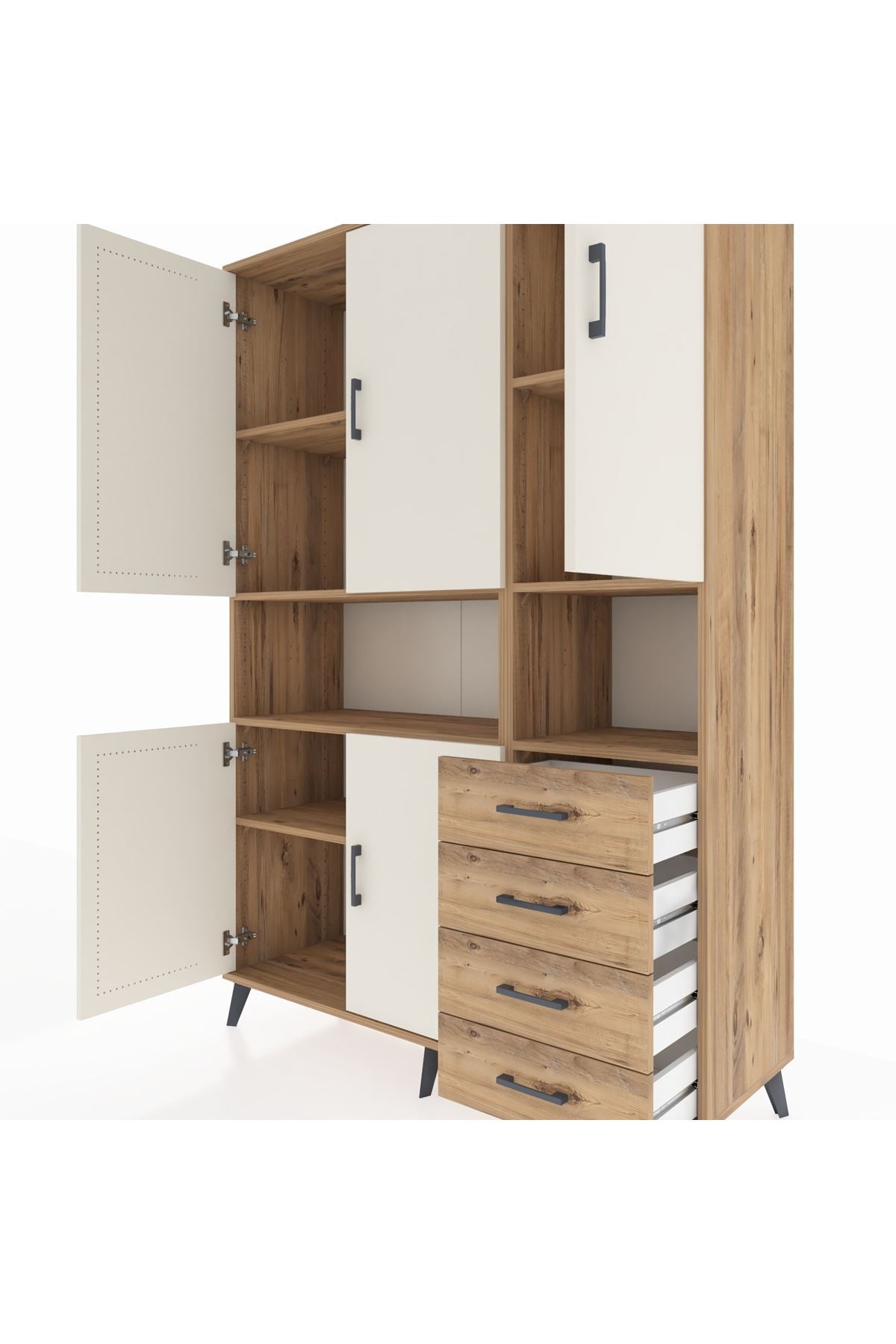 Hyperion Dolap 7 Raflı 4 Çekmeceli 5 Kapaklı 132x44x195 Çam-Aytaşı/Çam