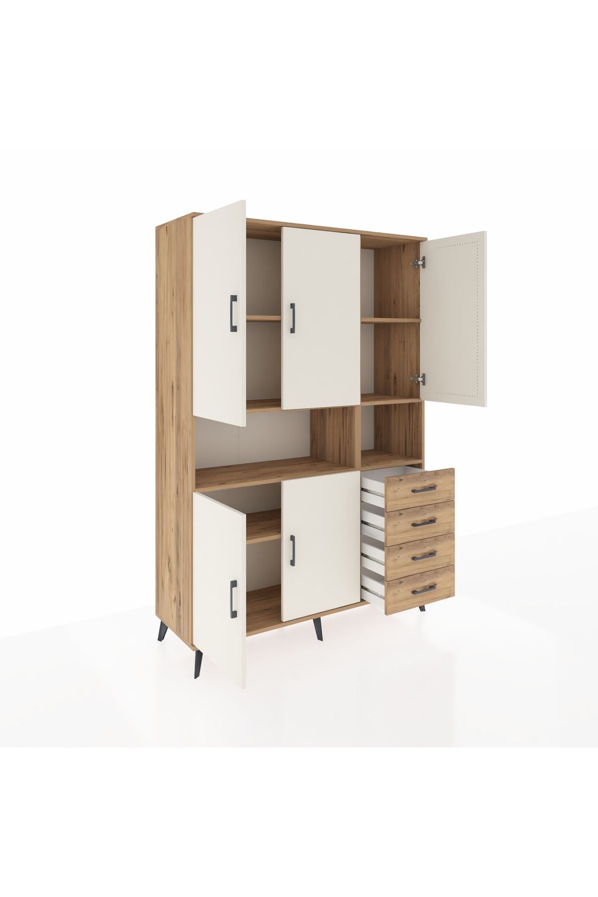 Hyperion Dolap 7 Raflı 4 Çekmeceli 5 Kapaklı 132x44x195 Çam-Aytaşı/Çam