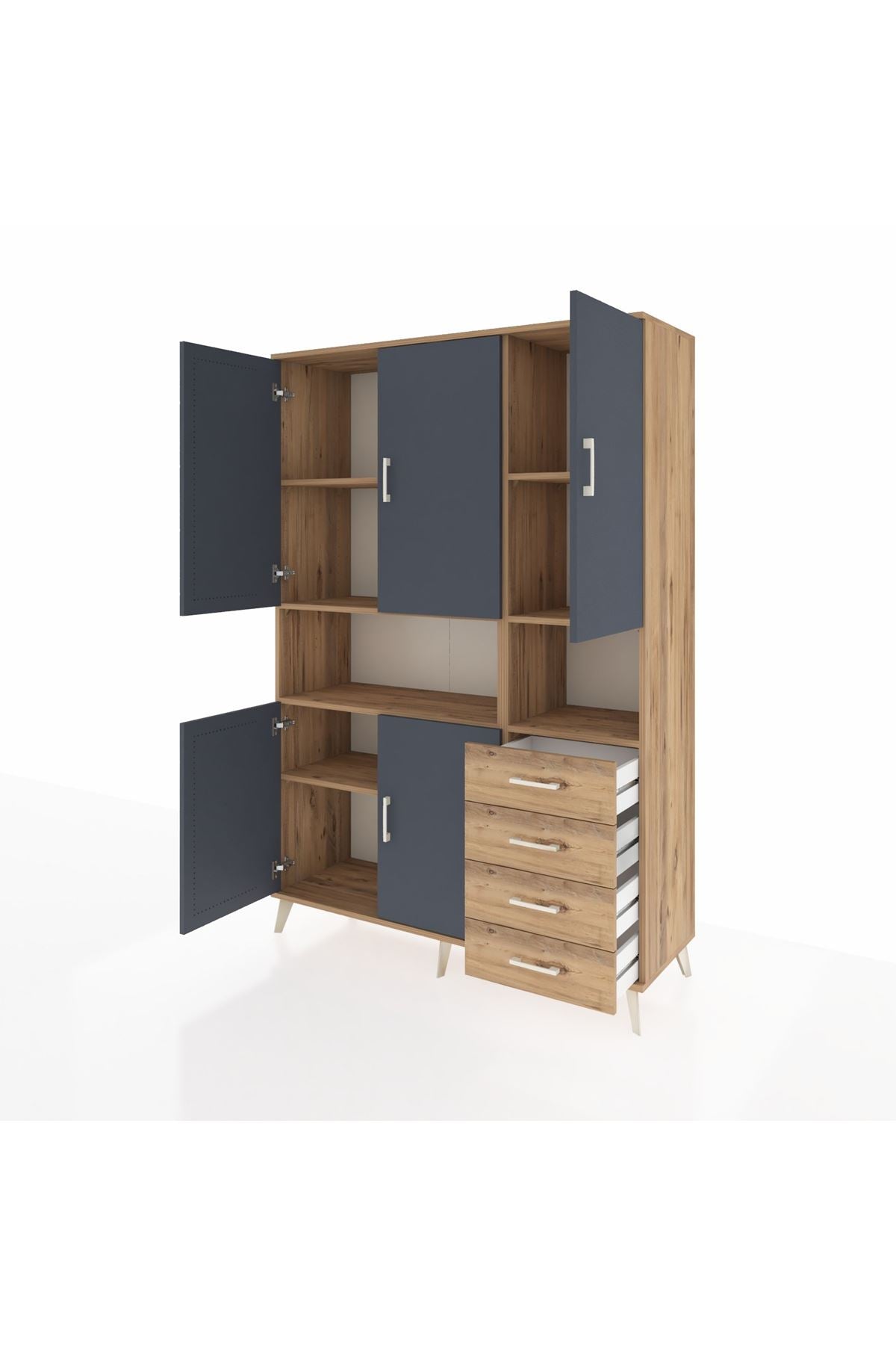 Hyperion Dolap 7 Raflı 4 Çekmeceli 5 Kapaklı 132x44x195 Çam-Antrasit/Çam