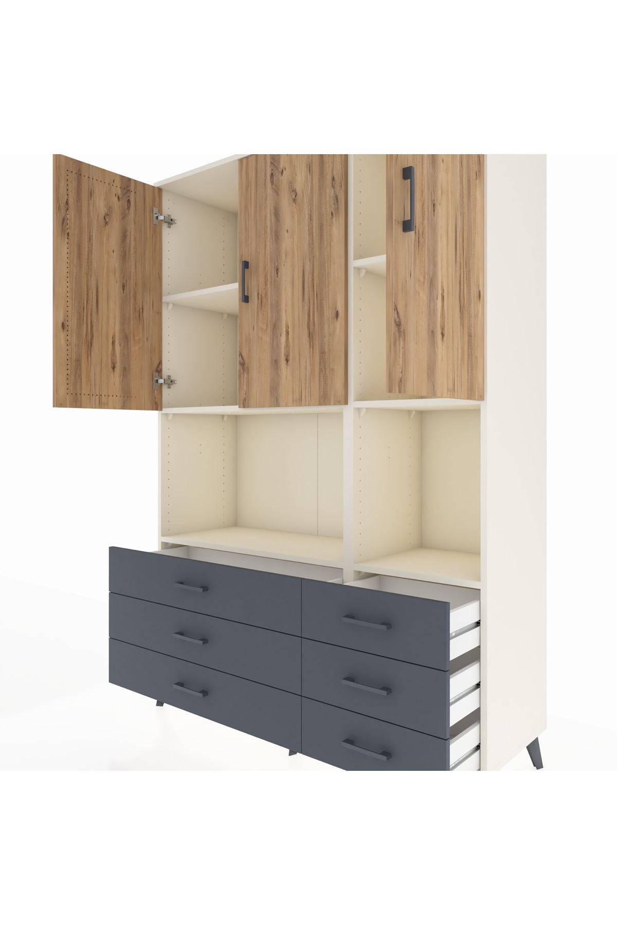 Hyperion Dolap 6 Raflı 6 Çekmeceli 3 Kapaklı 132x44x195 Aytaşı-Çam/Antrasit