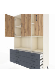 Hyperion Dolap 6 Raflı 6 Çekmeceli 3 Kapaklı 132x44x195 Aytaşı-Çam/Antrasit