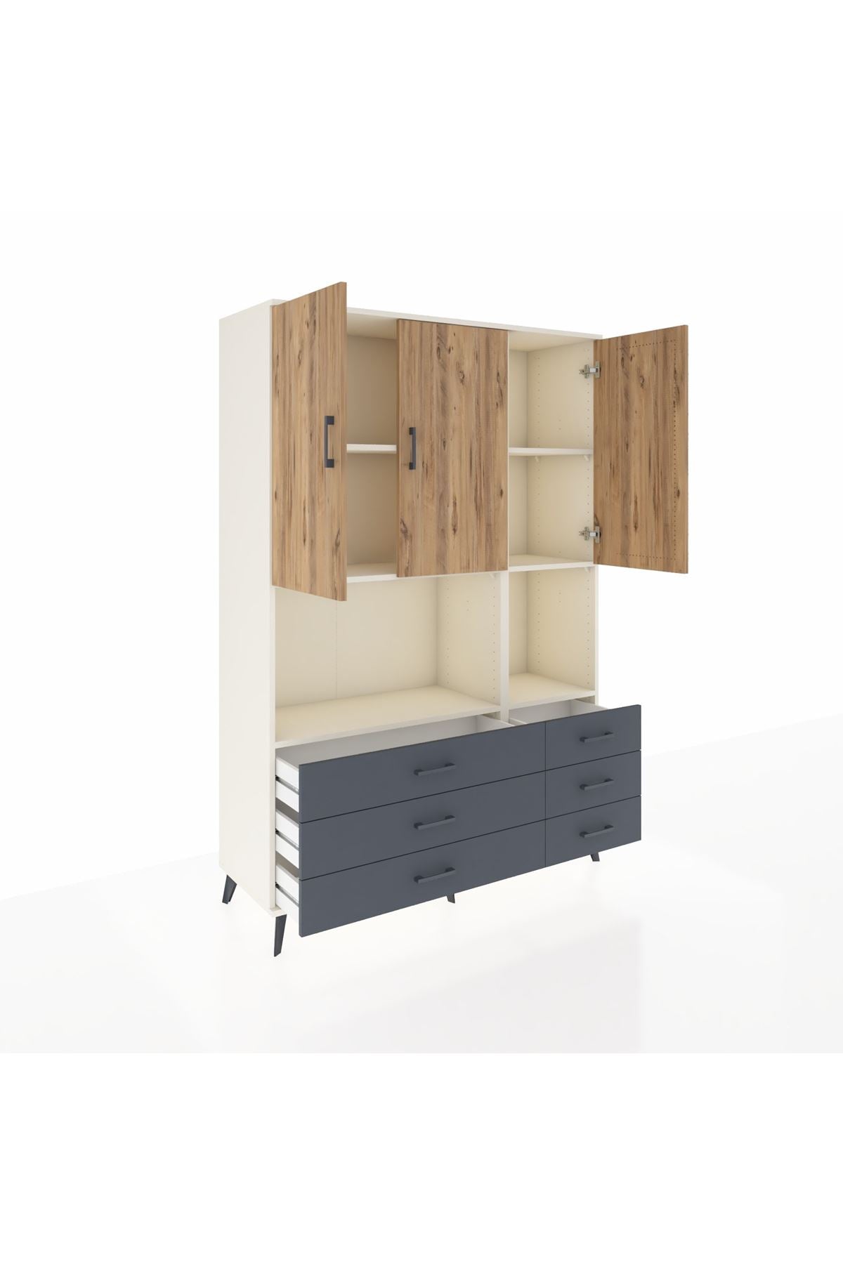 Hyperion Dolap 6 Raflı 6 Çekmeceli 3 Kapaklı 132x44x195 Aytaşı-Çam/Antrasit