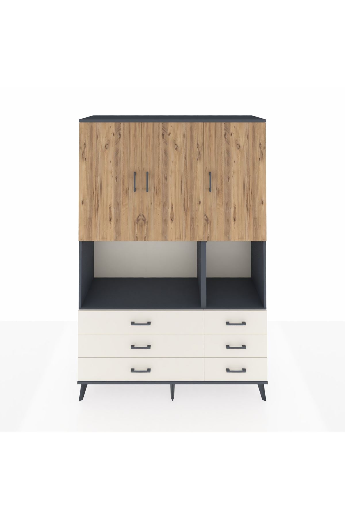 Hyperion Dolap 6 Raflı 6 Çekmeceli 3 Kapaklı 132x44x195 Antrasit-Çam/Aytaşı