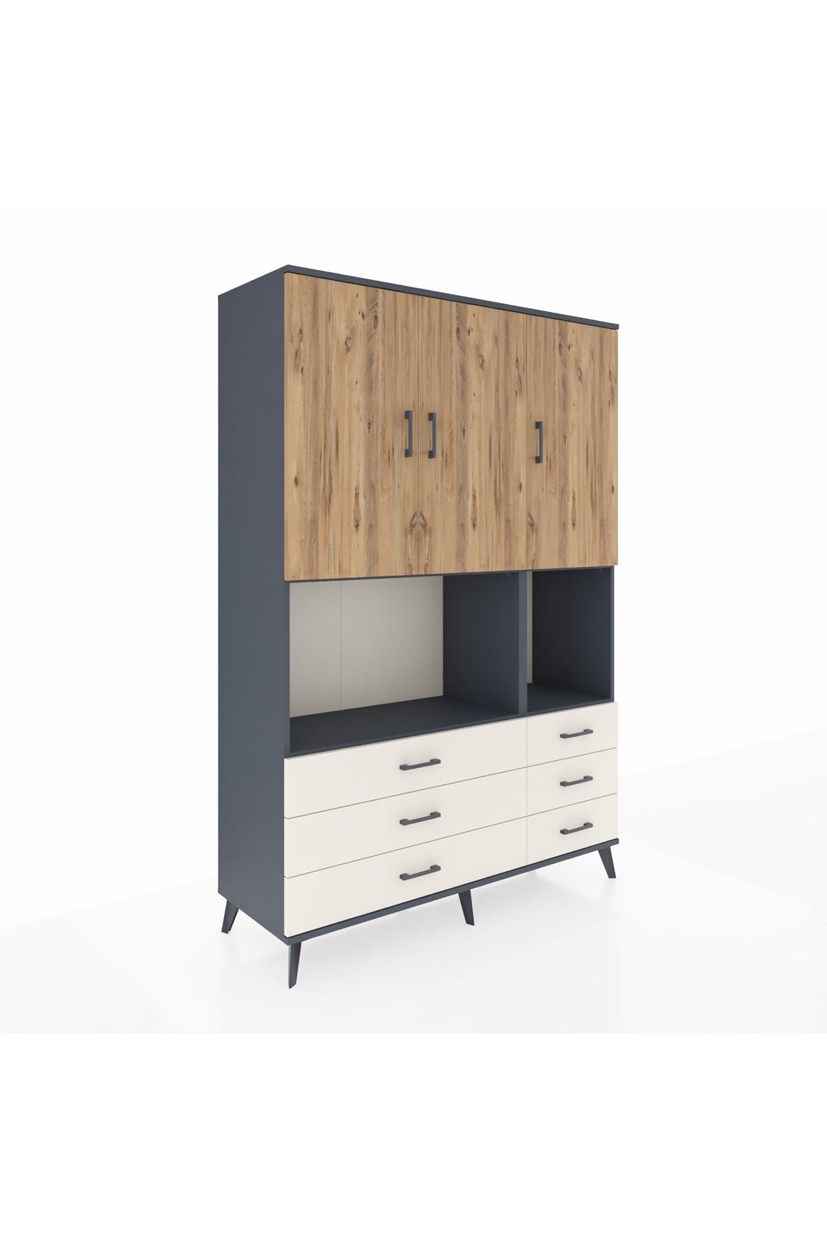 Hyperion Dolap 6 Raflı 6 Çekmeceli 3 Kapaklı 132x44x195 Antrasit-Çam/Aytaşı