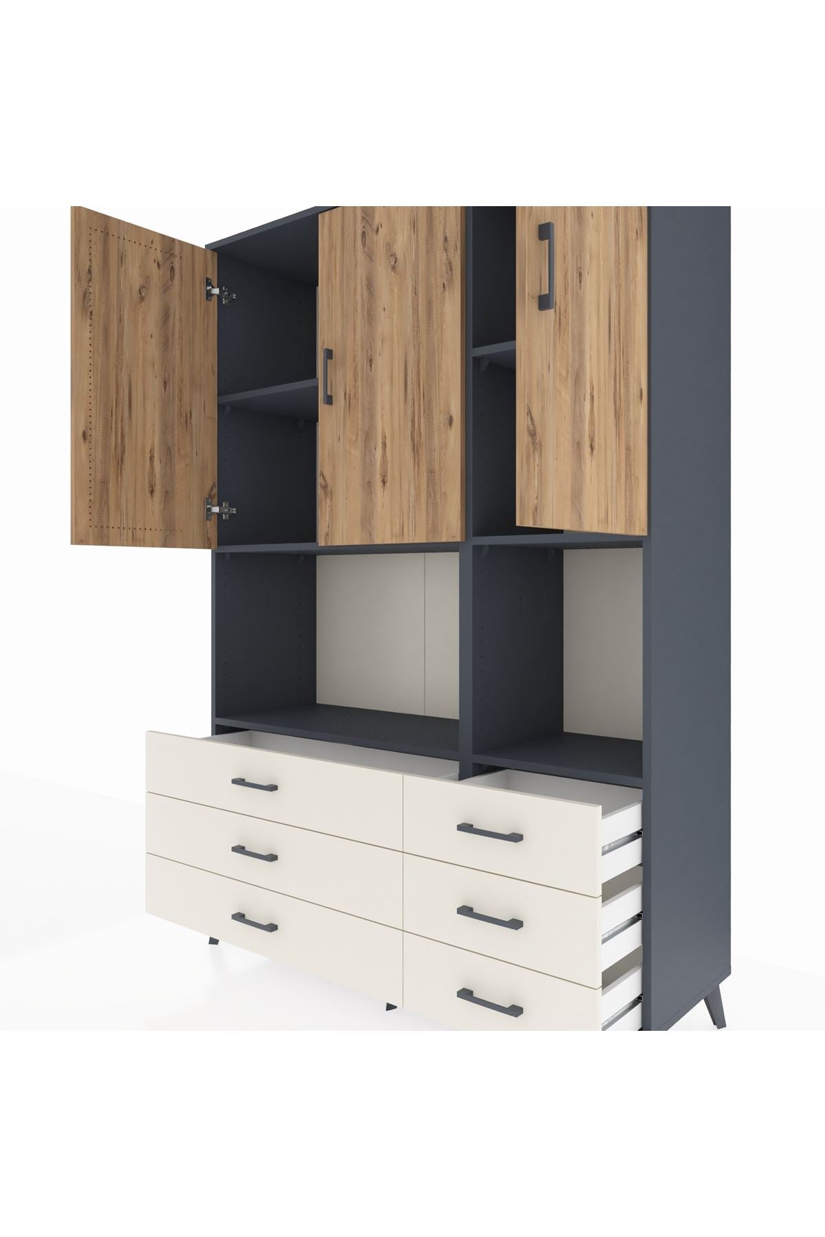 Hyperion Dolap 6 Raflı 6 Çekmeceli 3 Kapaklı 132x44x195 Antrasit-Çam/Aytaşı