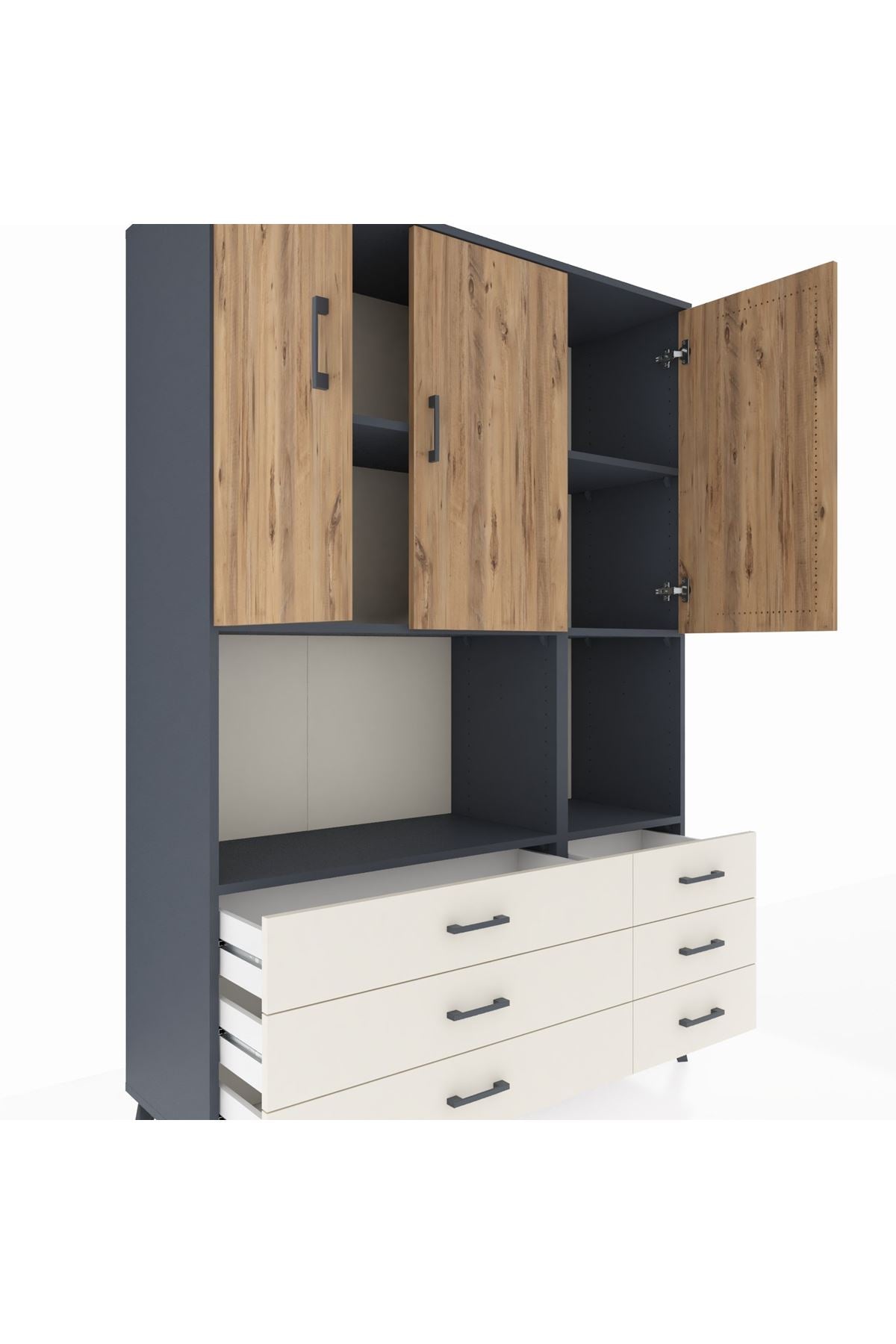 Hyperion Dolap 6 Raflı 6 Çekmeceli 3 Kapaklı 132x44x195 Antrasit-Çam/Aytaşı