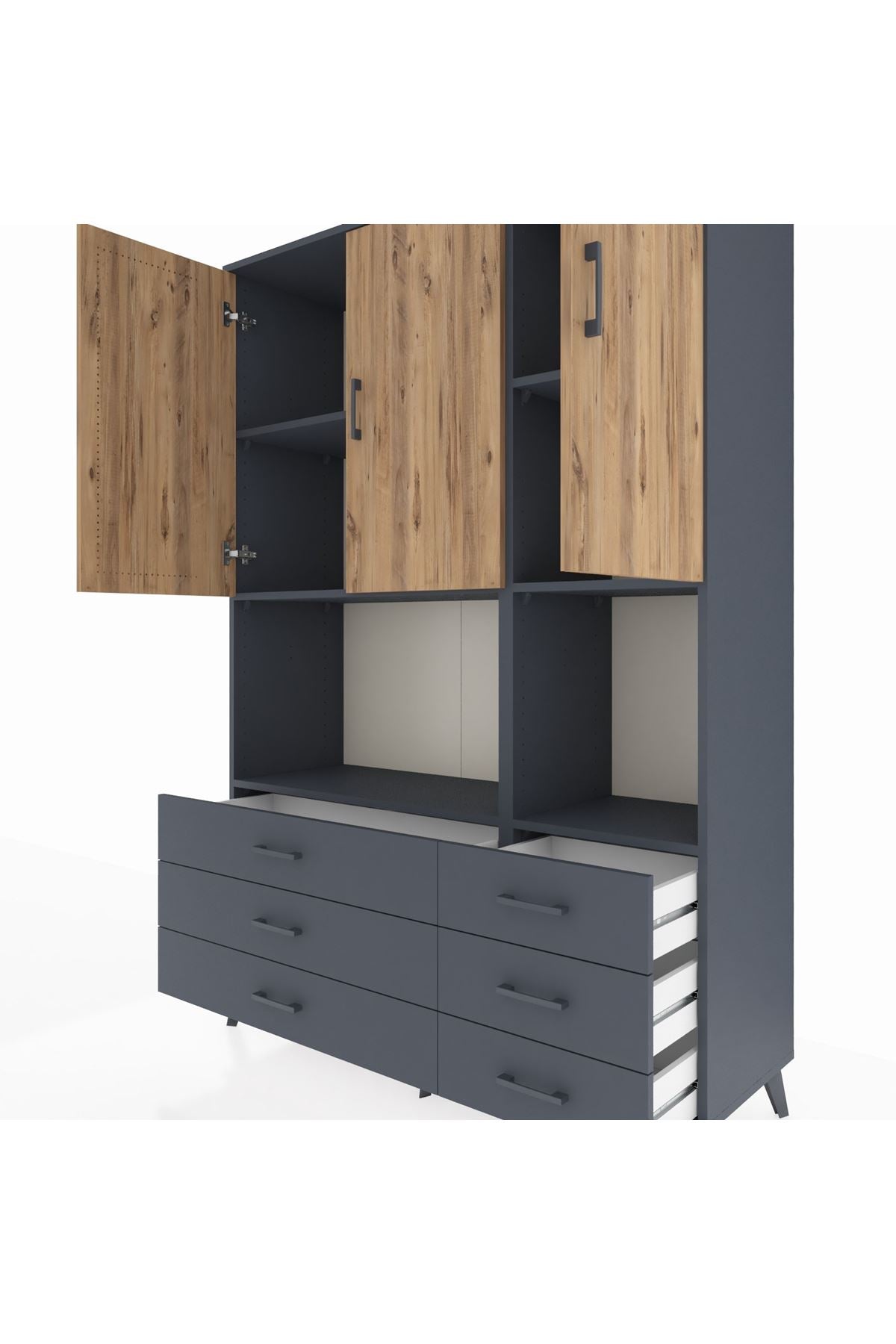 Hyperion Dolap 6 Raflı 6 Çekmeceli 3 Kapaklı 132x44x195 Antrasit-Çam/Antrasit