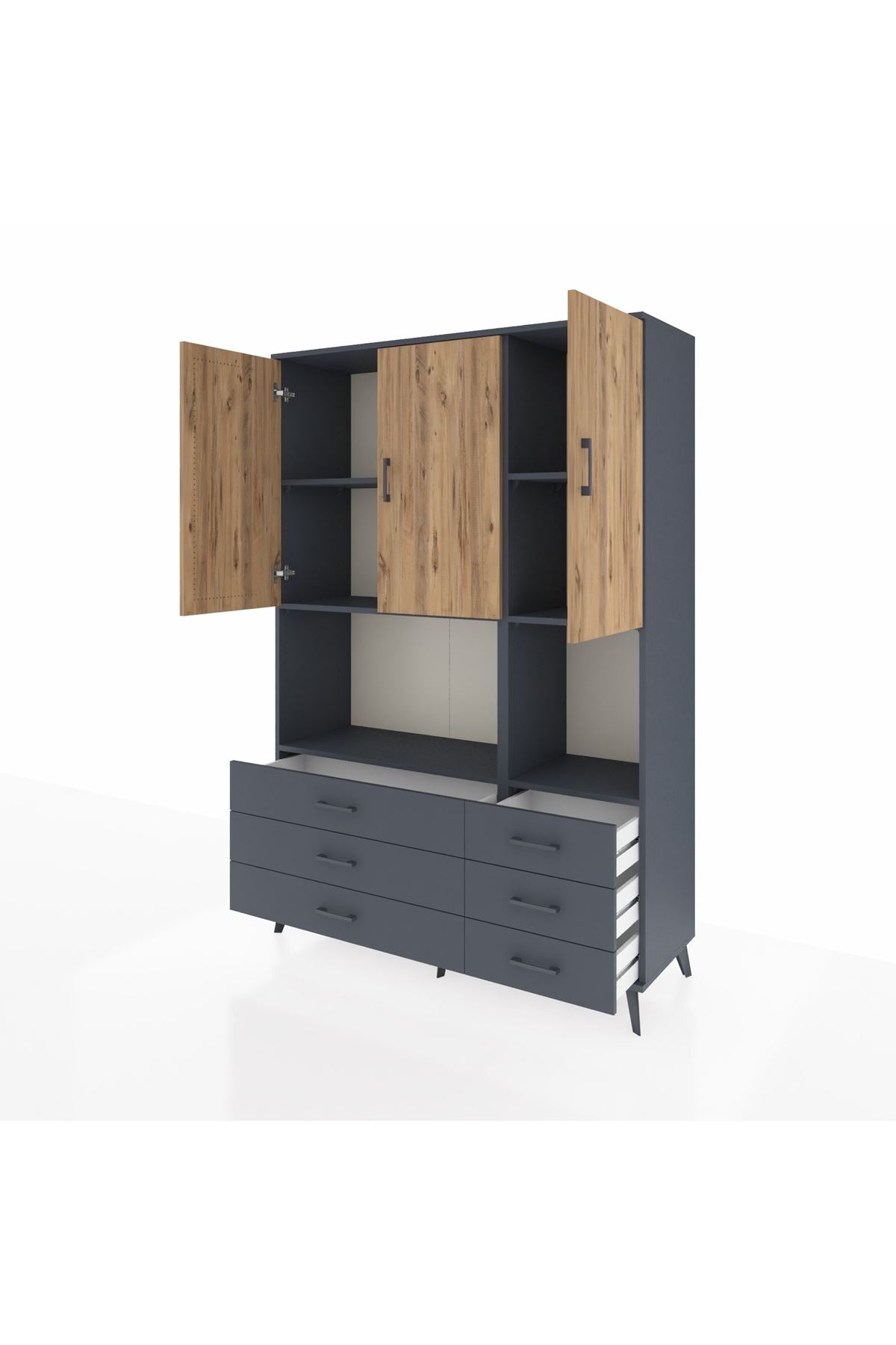 Hyperion Dolap 6 Raflı 6 Çekmeceli 3 Kapaklı 132x44x195 Antrasit-Çam/Antrasit