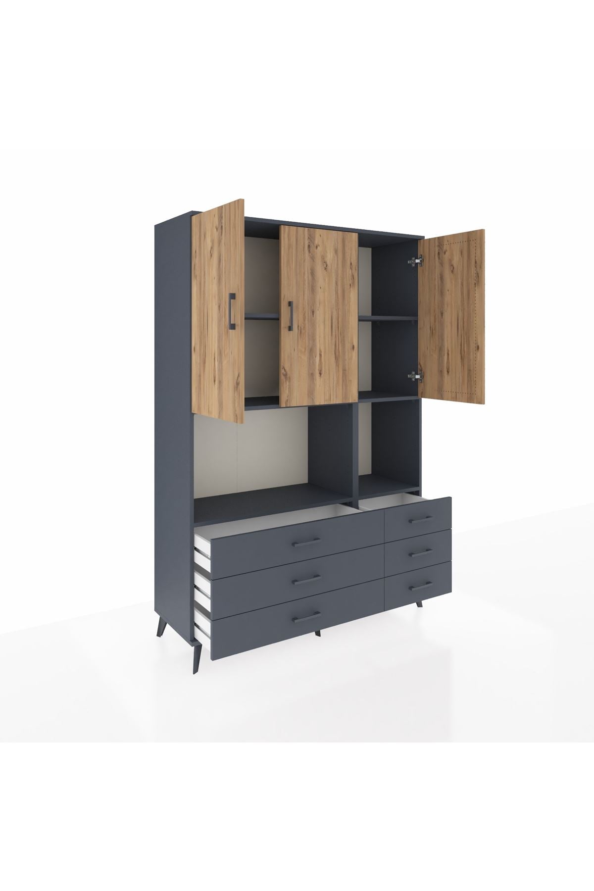 Hyperion Dolap 6 Raflı 6 Çekmeceli 3 Kapaklı 132x44x195 Antrasit-Çam/Antrasit