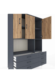 Hyperion Dolap 6 Raflı 6 Çekmeceli 3 Kapaklı 132x44x195 Antrasit-Çam/Antrasit