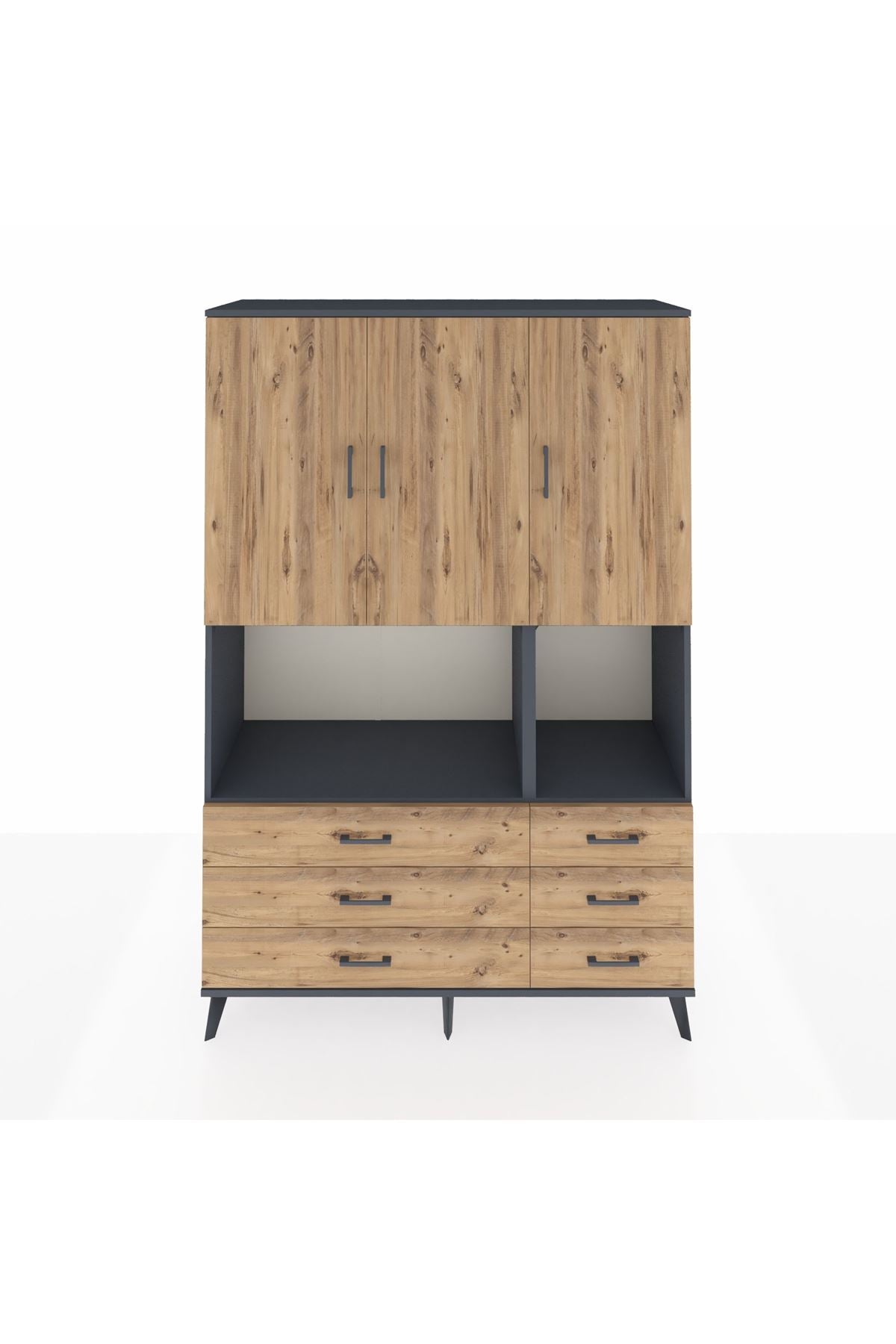 Hyperion Dolap 6 Raflı 6 Çekmeceli 3 Kapaklı 132x44x195 Antrasit-Çam/Çam
