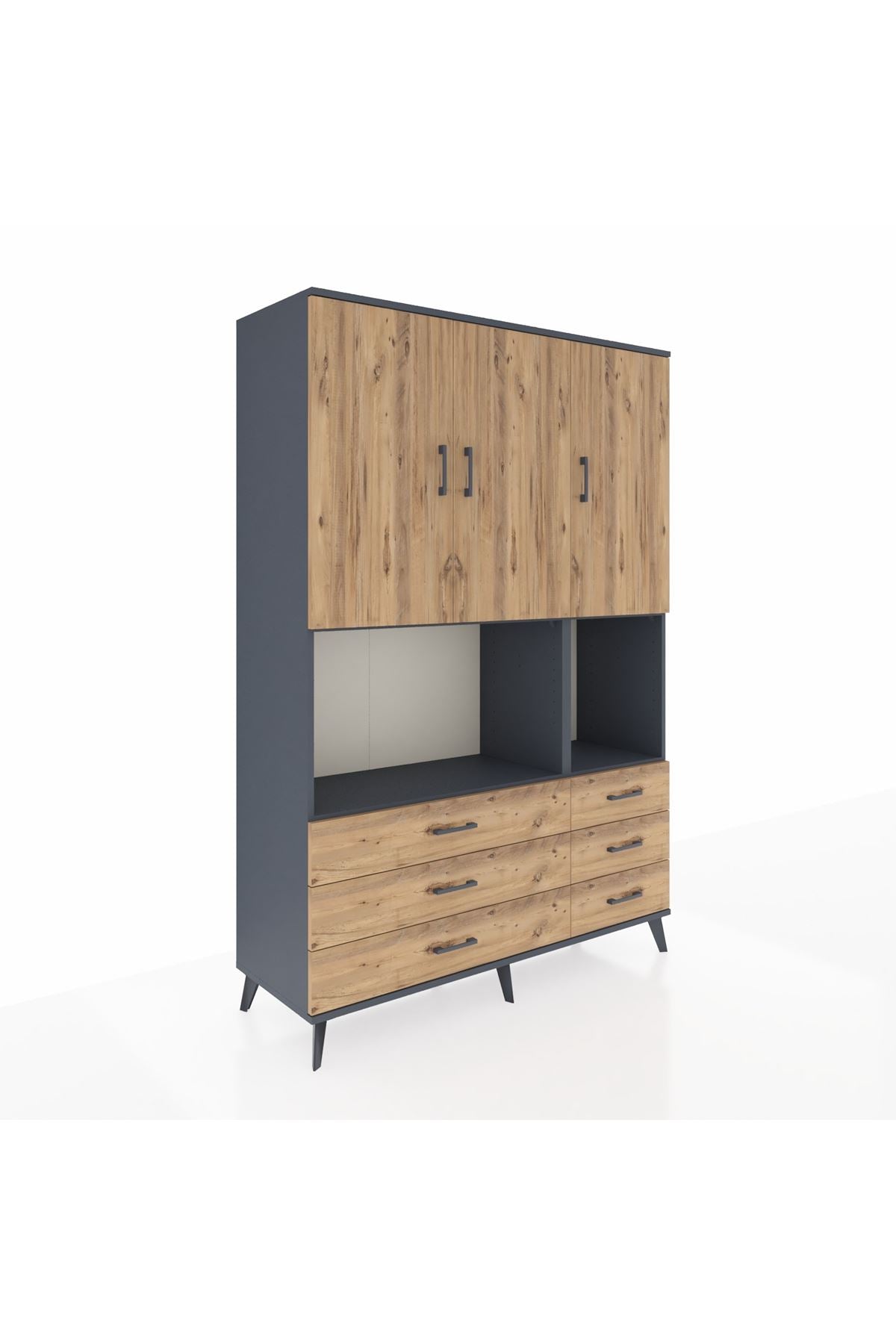 Hyperion Dolap 6 Raflı 6 Çekmeceli 3 Kapaklı 132x44x195 Antrasit-Çam/Çam