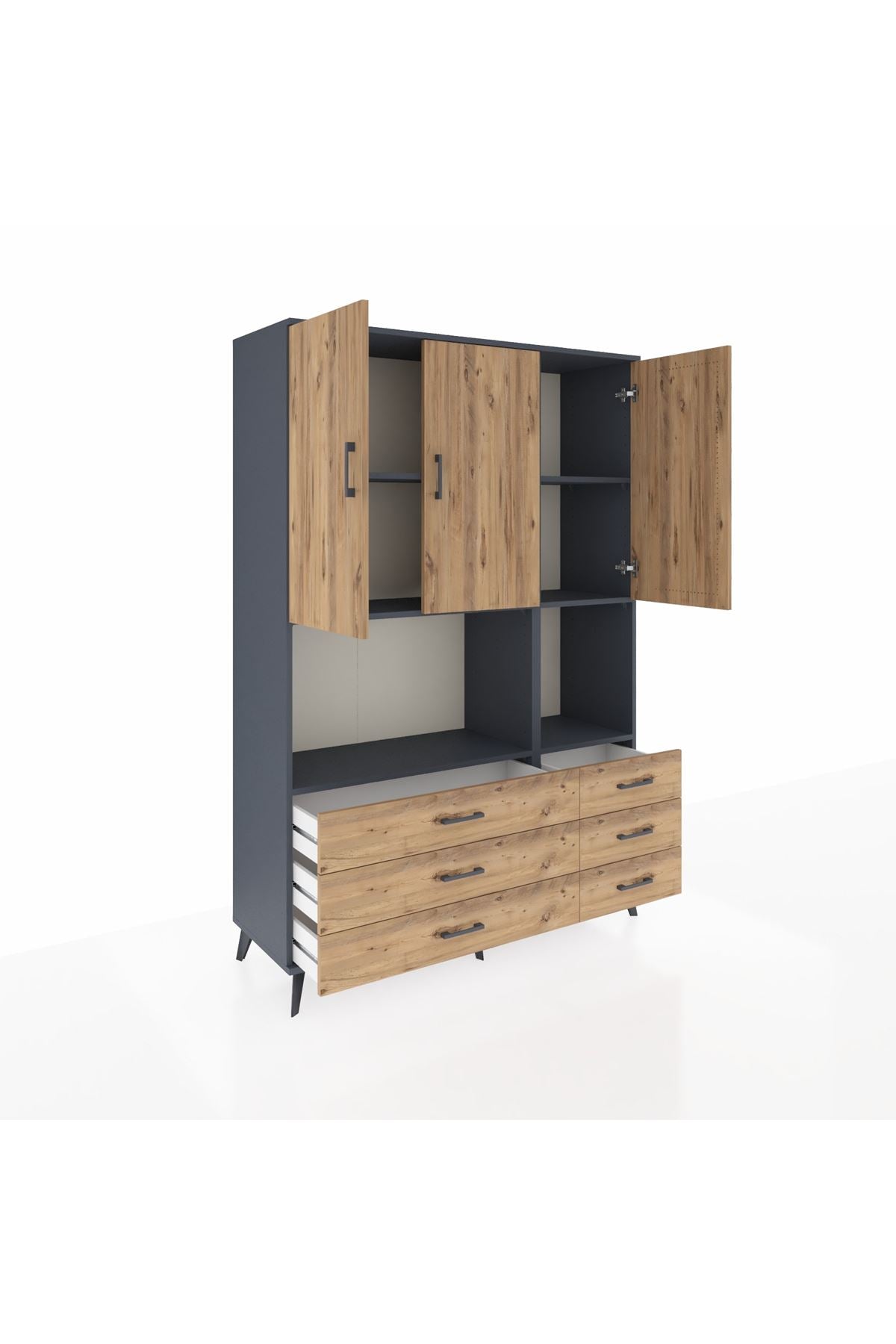 Hyperion Dolap 6 Raflı 6 Çekmeceli 3 Kapaklı 132x44x195 Antrasit-Çam/Çam