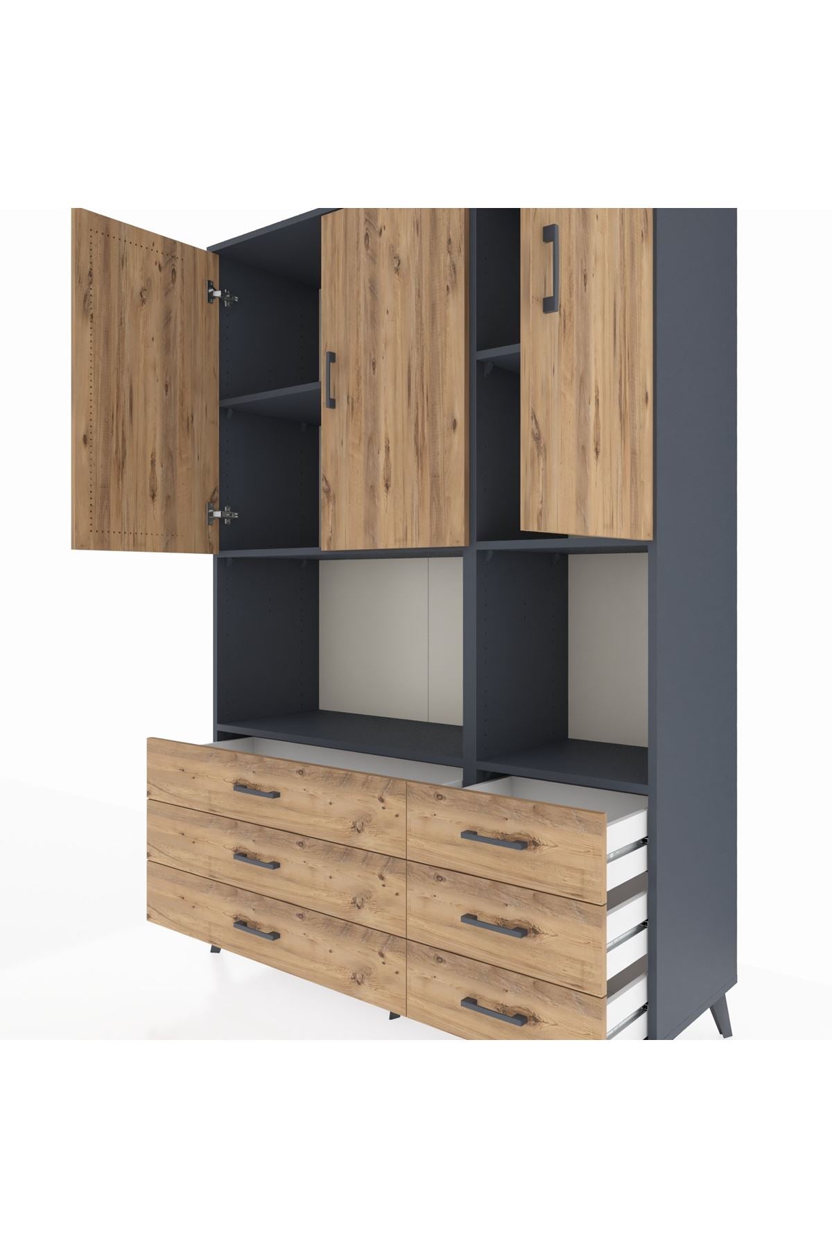 Hyperion Dolap 6 Raflı 6 Çekmeceli 3 Kapaklı 132x44x195 Antrasit-Çam/Çam