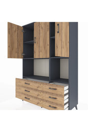 Hyperion Dolap 6 Raflı 6 Çekmeceli 3 Kapaklı 132x44x195 Antrasit-Çam/Çam