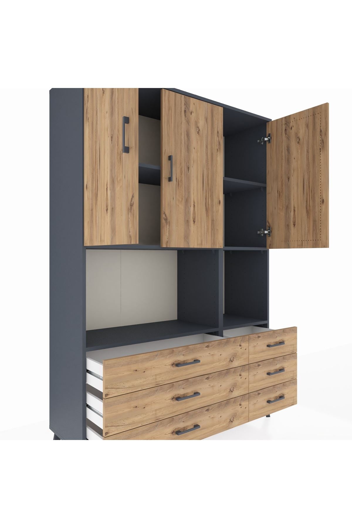 Hyperion Dolap 6 Raflı 6 Çekmeceli 3 Kapaklı 132x44x195 Antrasit-Çam/Çam