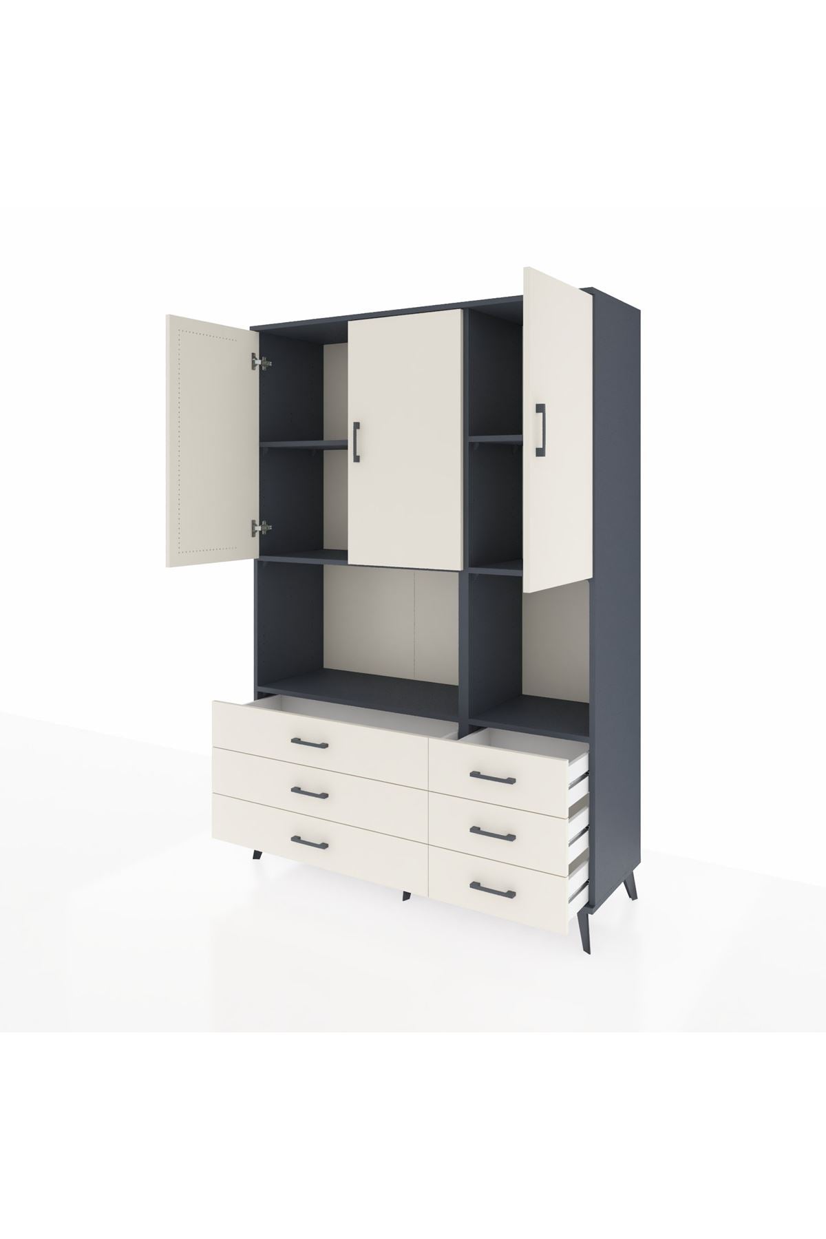Hyperion Dolap 6 Raflı 6 Çekmeceli 3 Kapaklı 132x44x195 Antrasit-Aytaşı/Aytaşı