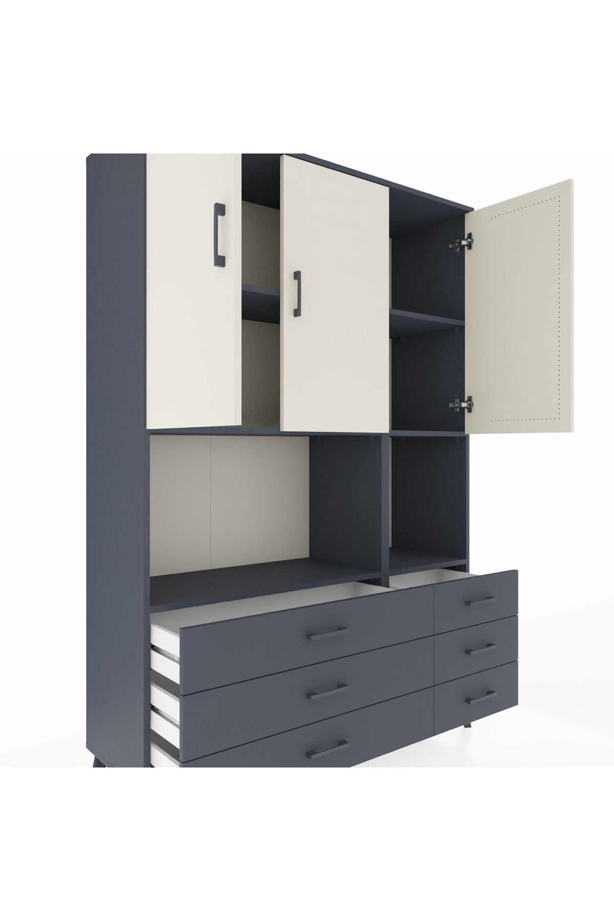 Hyperion Dolap 6 Raflı 6 Çekmeceli 3 Kapaklı 132x44x195 Antrasit-Aytaşı/Antrasit