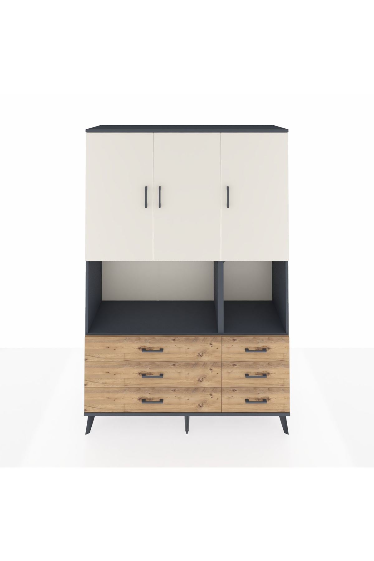 Hyperion Dolap 6 Raflı 6 Çekmeceli 3 Kapaklı 132x44x195 Antrasit-Aytaşı/Çam