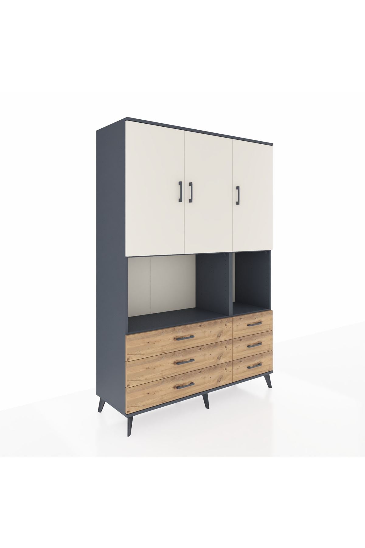 Hyperion Dolap 6 Raflı 6 Çekmeceli 3 Kapaklı 132x44x195 Antrasit-Aytaşı/Çam