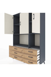 Hyperion Dolap 6 Raflı 6 Çekmeceli 3 Kapaklı 132x44x195 Antrasit-Aytaşı/Çam