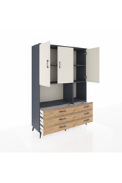 Hyperion Dolap 6 Raflı 6 Çekmeceli 3 Kapaklı 132x44x195 Antrasit-Aytaşı/Çam