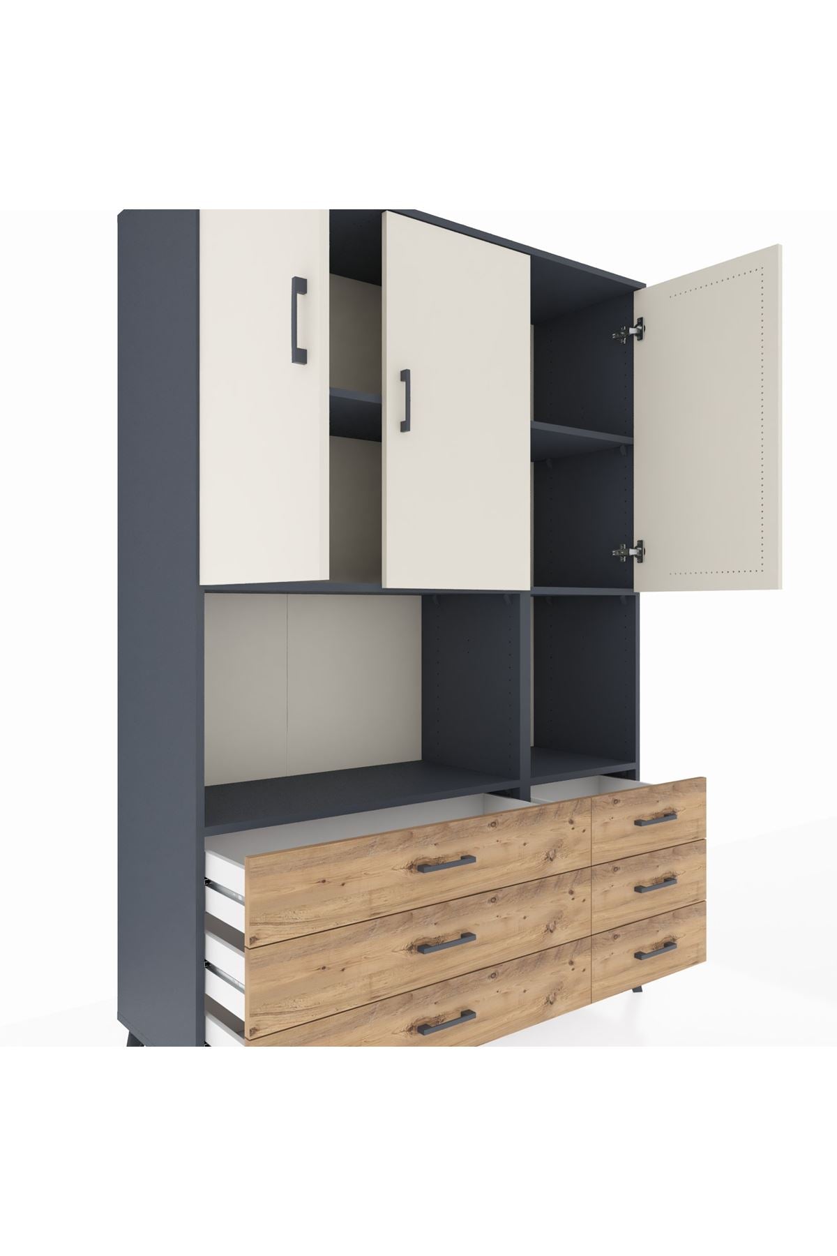 Hyperion Dolap 6 Raflı 6 Çekmeceli 3 Kapaklı 132x44x195 Antrasit-Aytaşı/Çam