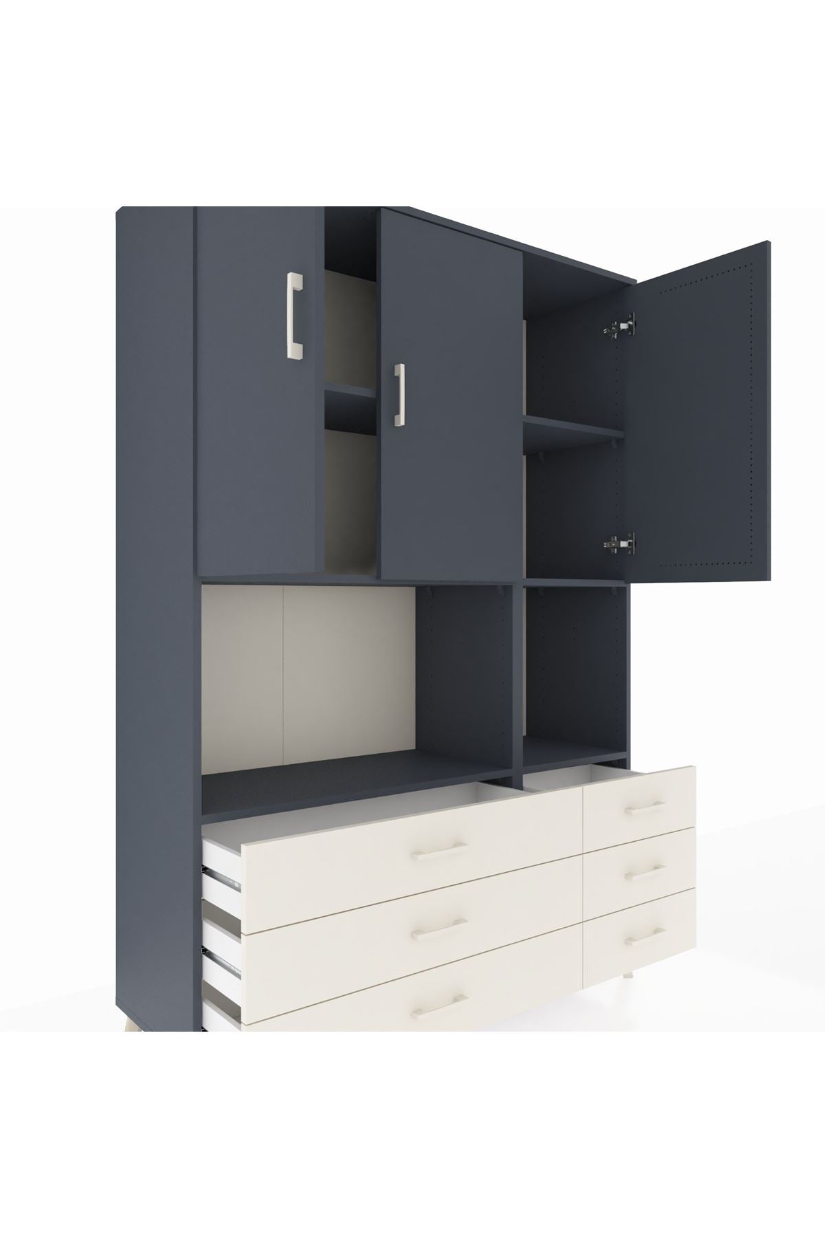 Hyperion Dolap 6 Raflı 6 Çekmeceli 3 Kapaklı 132x44x195 Antrasit-Antrasit/Aytaşı