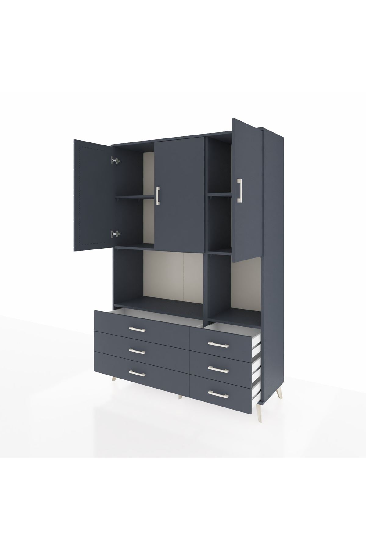 Hyperion Dolap 6 Raflı 6 Çekmeceli 3 Kapaklı 132x44x195 Antrasit-Antrasit/Antrasit