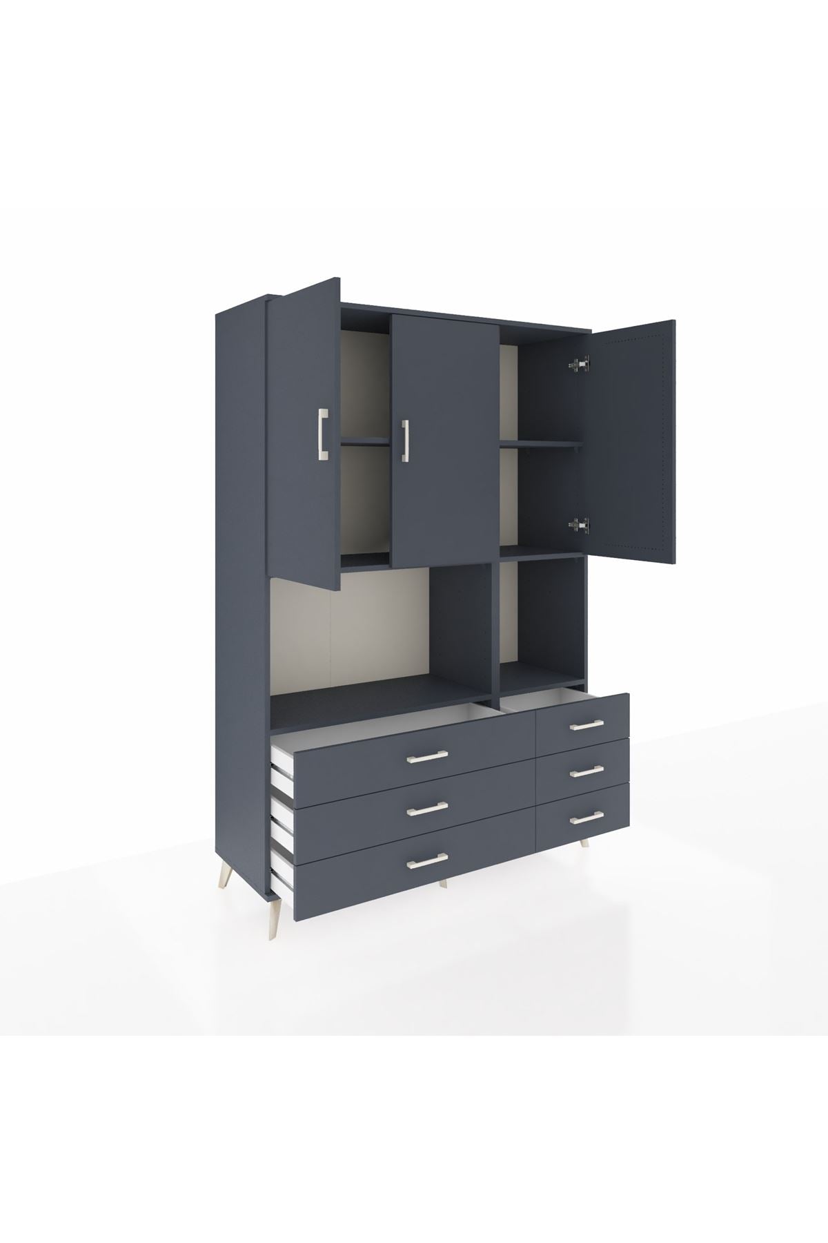 Hyperion Dolap 6 Raflı 6 Çekmeceli 3 Kapaklı 132x44x195 Antrasit-Antrasit/Antrasit