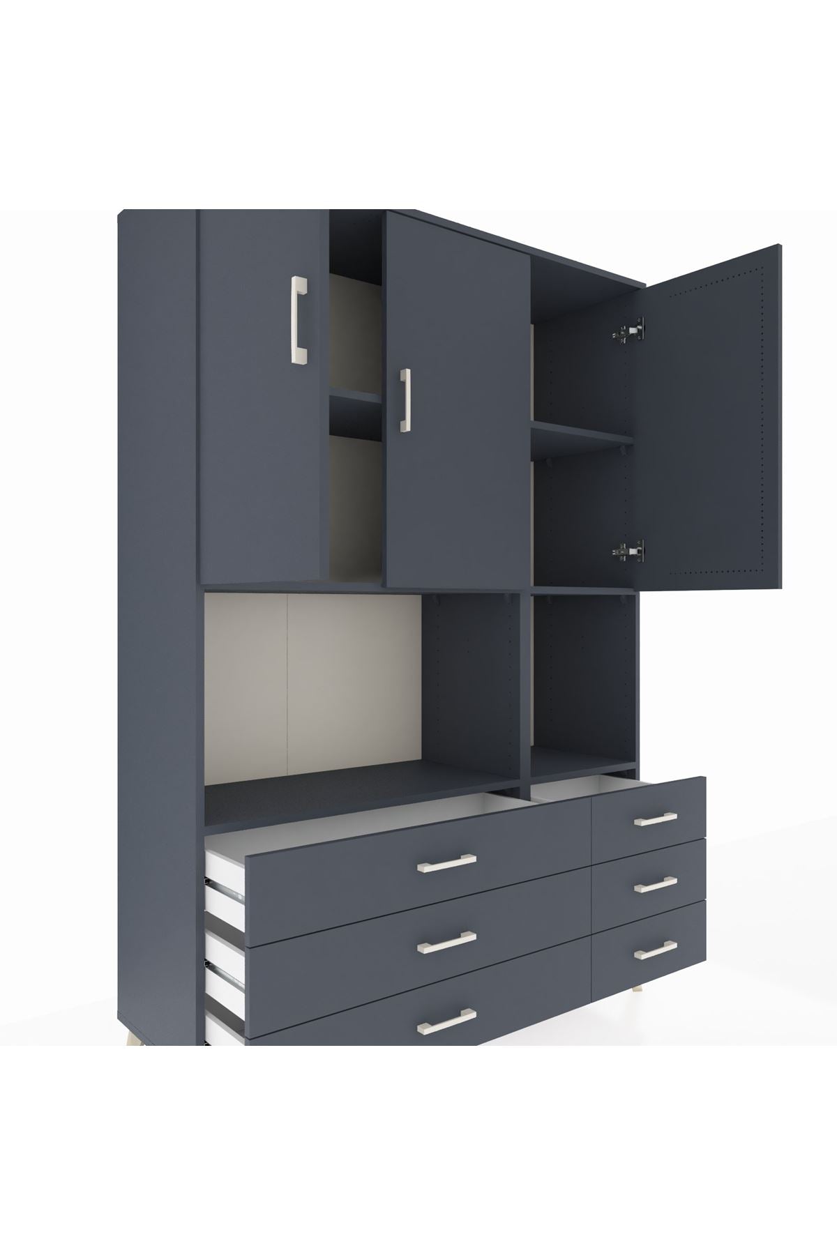 Hyperion Dolap 6 Raflı 6 Çekmeceli 3 Kapaklı 132x44x195 Antrasit-Antrasit/Antrasit