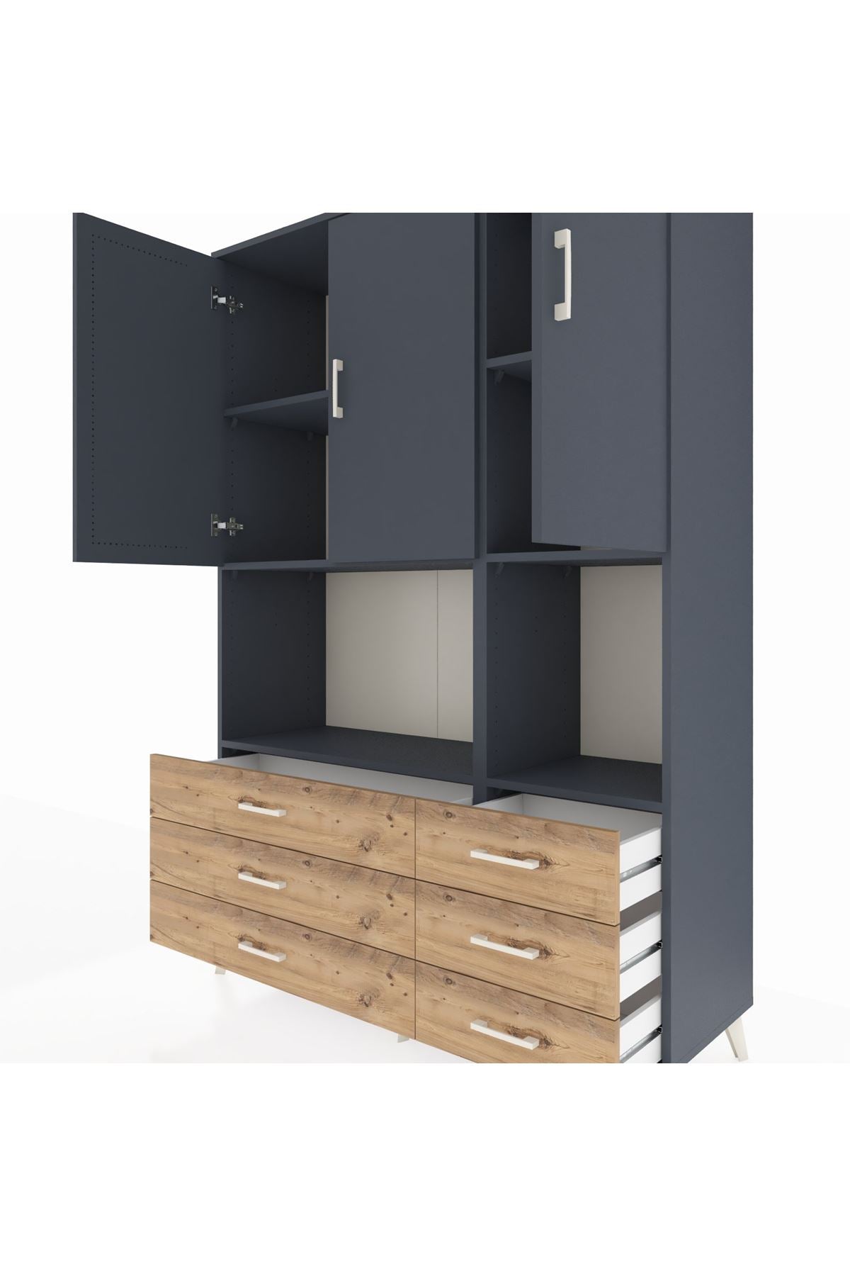 Hyperion Dolap 6 Raflı 6 Çekmeceli 3 Kapaklı 132x44x195 Antrasit-Antrasit/Çam
