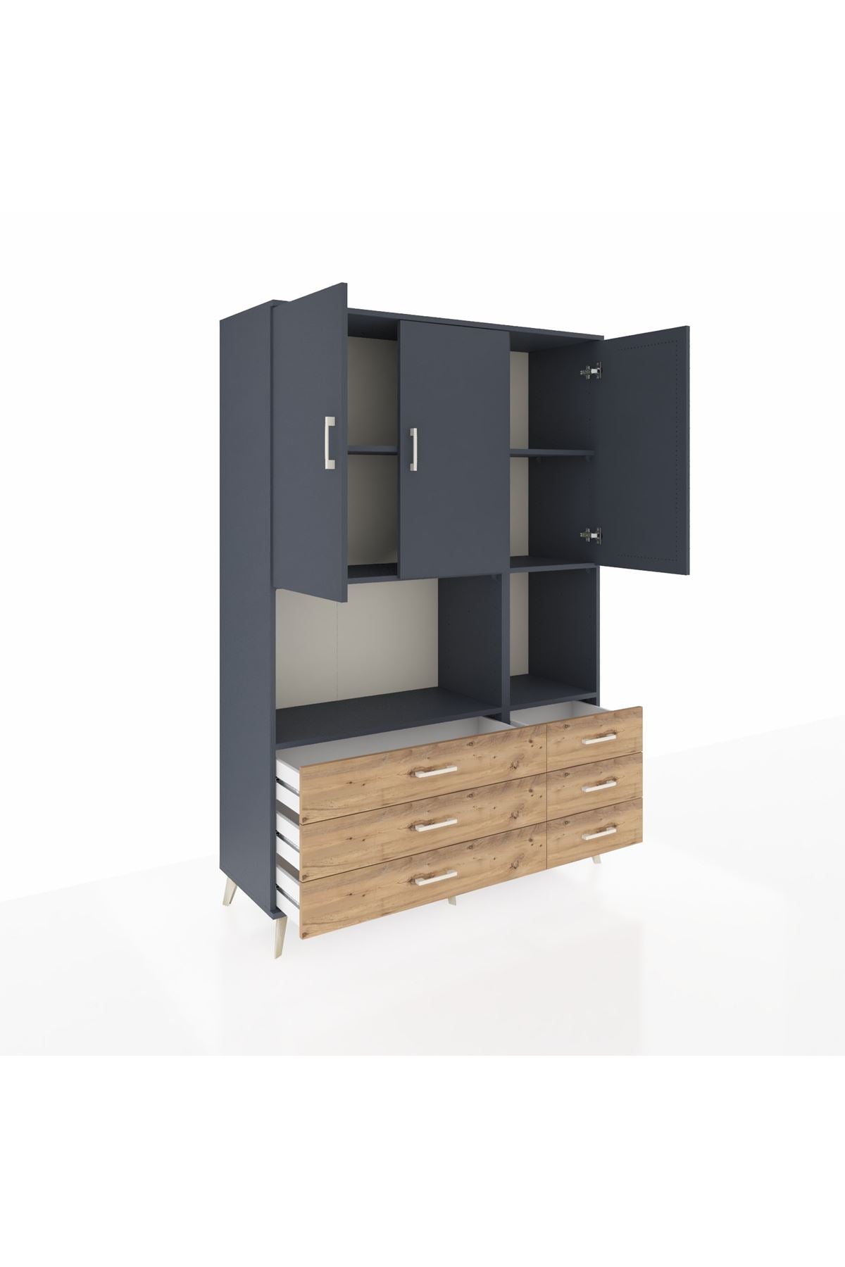 Hyperion Dolap 6 Raflı 6 Çekmeceli 3 Kapaklı 132x44x195 Antrasit-Antrasit/Çam