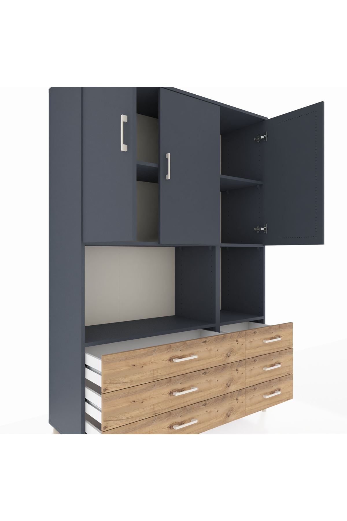 Hyperion Dolap 6 Raflı 6 Çekmeceli 3 Kapaklı 132x44x195 Antrasit-Antrasit/Çam